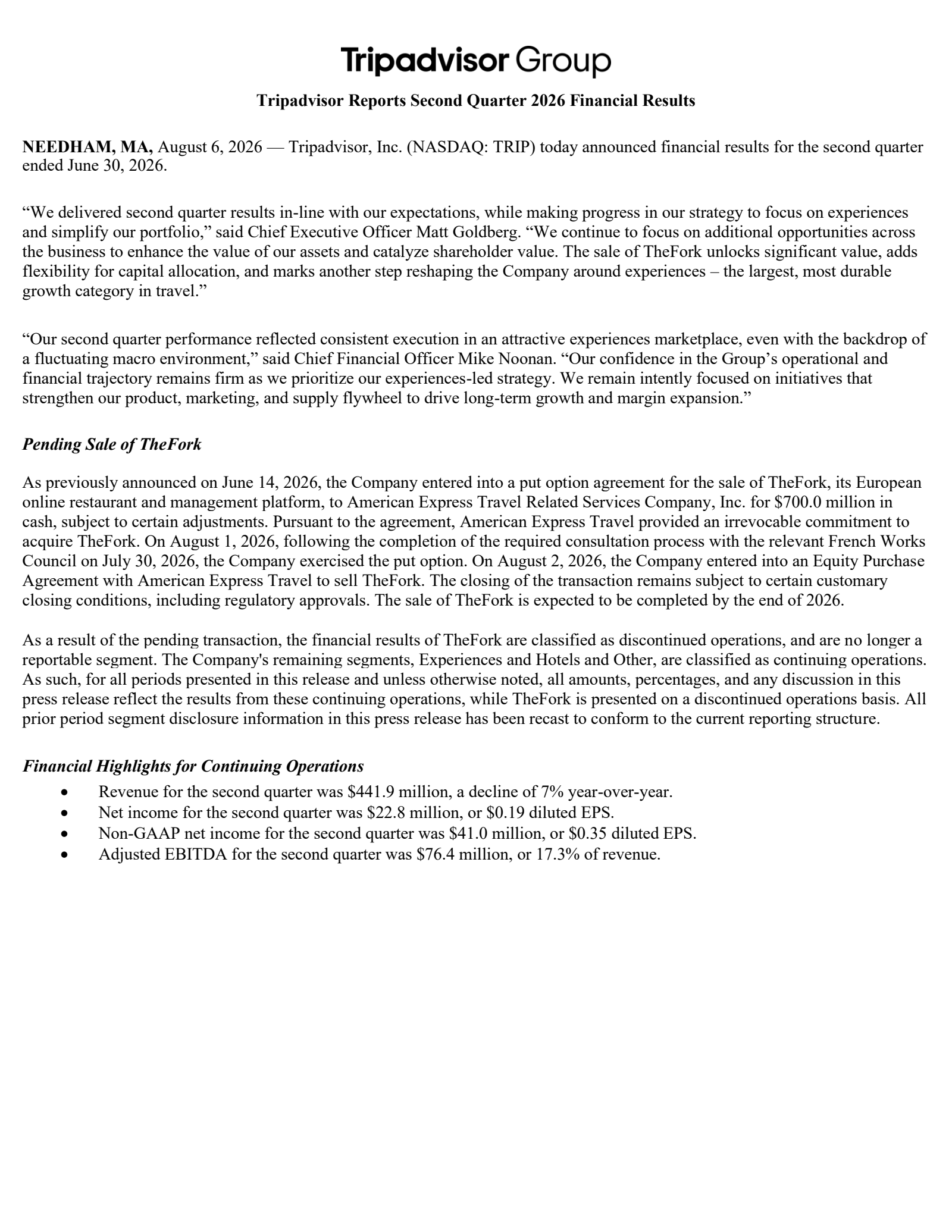 TripAdvisor's Q2 2026 Press Release