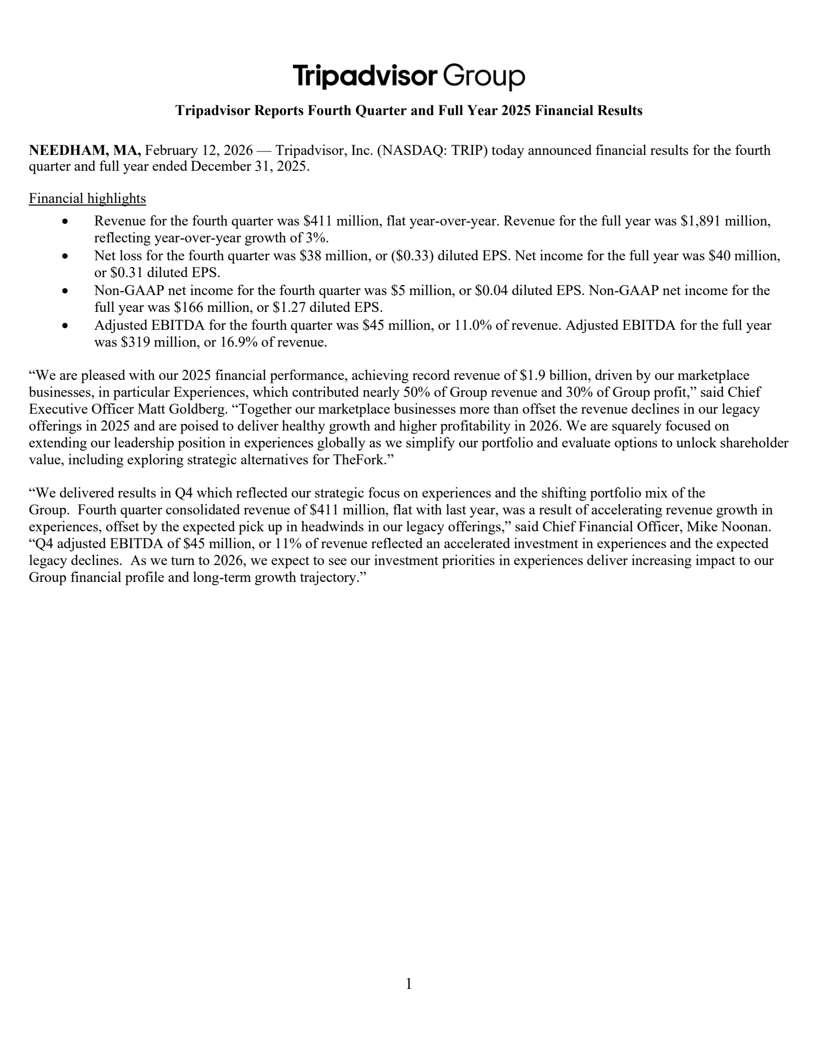 TripAdvisor's Q4 2025 Press Release