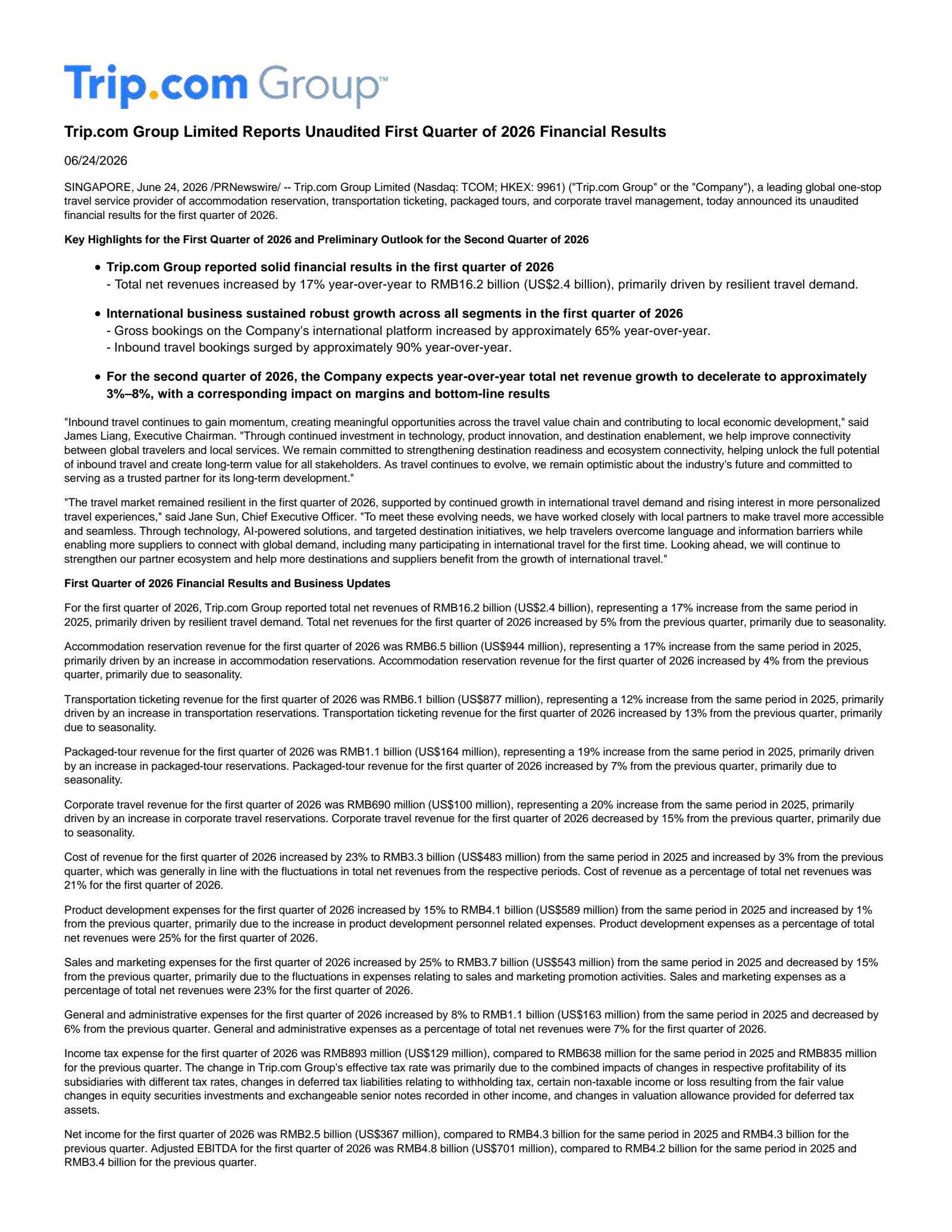 Trip.com Group's Q1 2026 Press Release