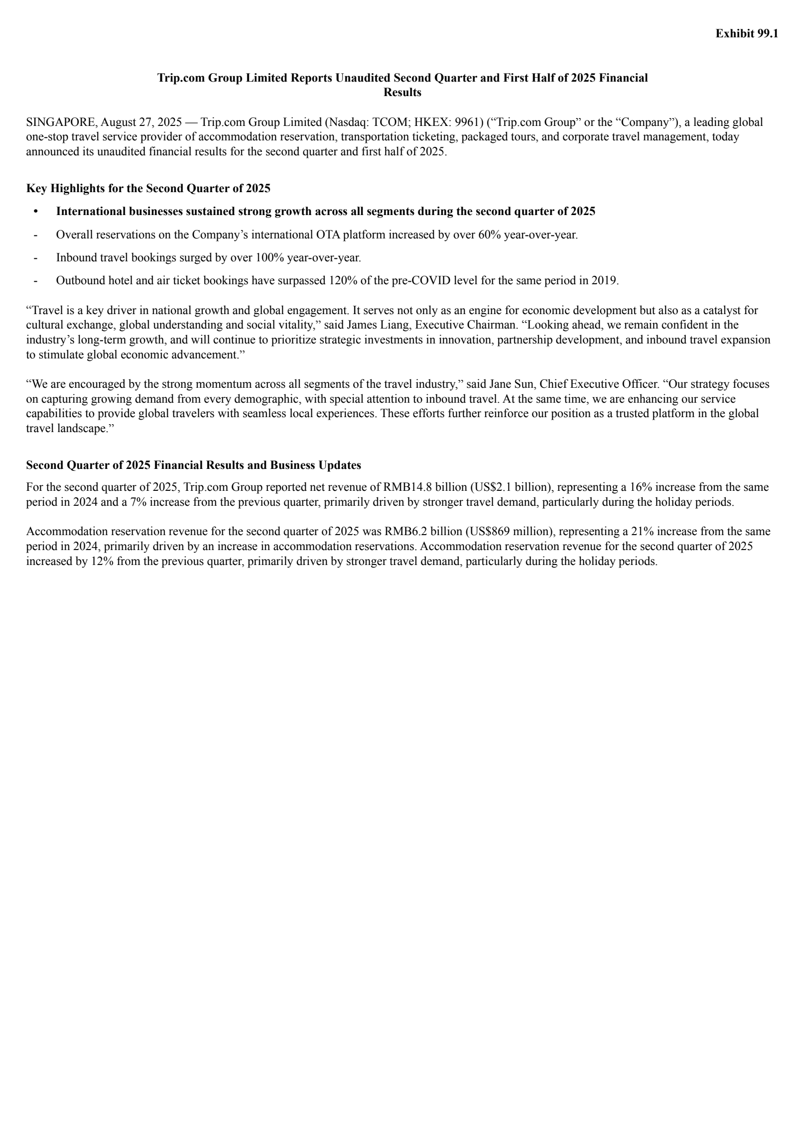 Trip.com Group's Q2 2025 Press Release