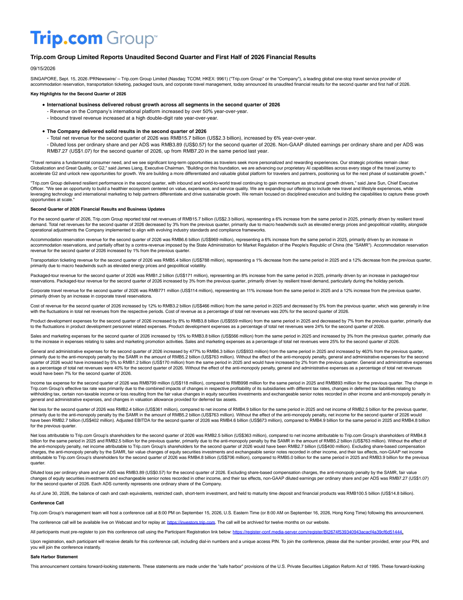 Trip.com Group's Q2 2026 Press Release