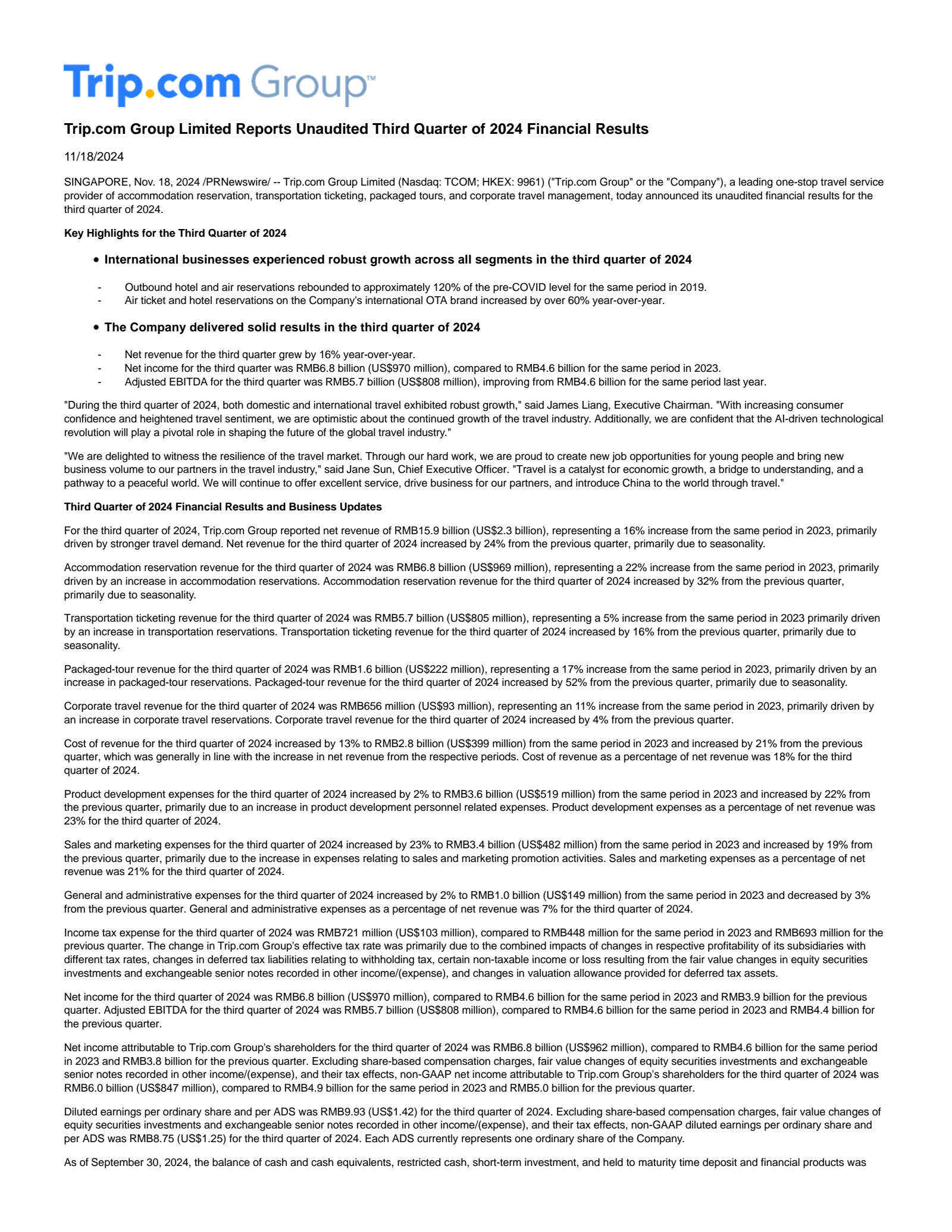 Trip.com Group's Q3 2024 Press Release