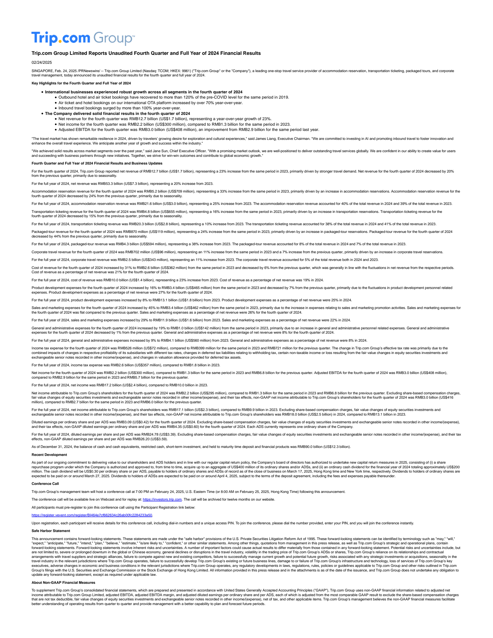 Trip.com Group's Q4 2024 Press Release