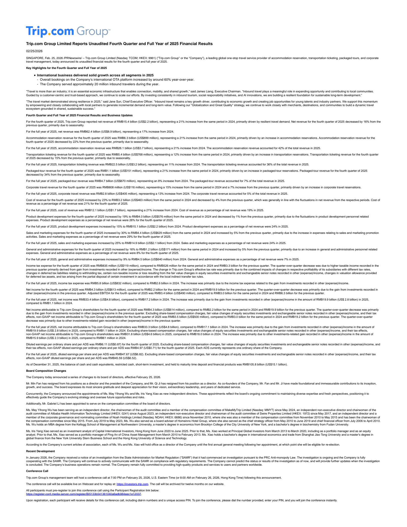 Trip.com Group's Q4 2025 Press Release