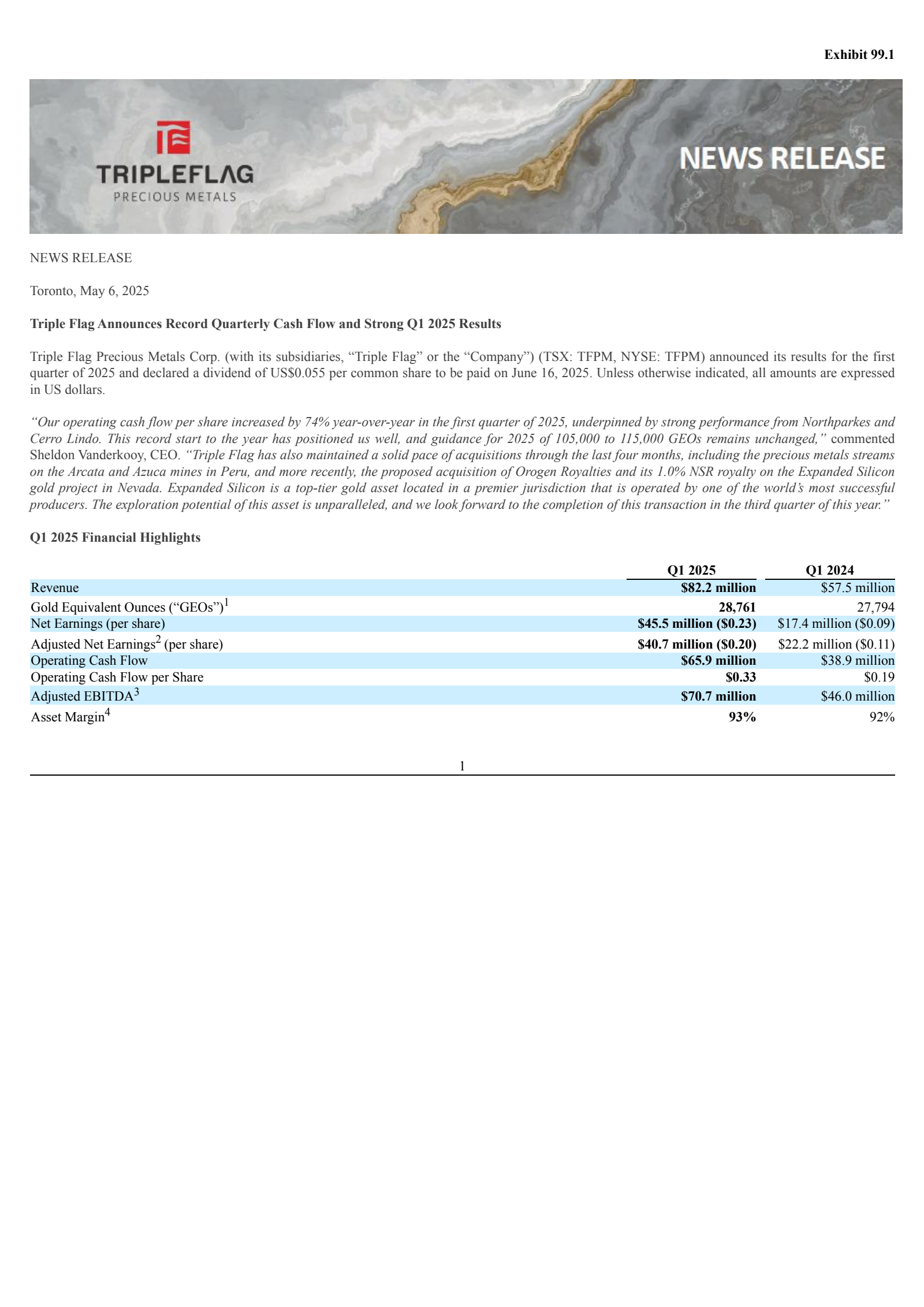 Triple Flag Precious Metals' Q1 2025 Press Release