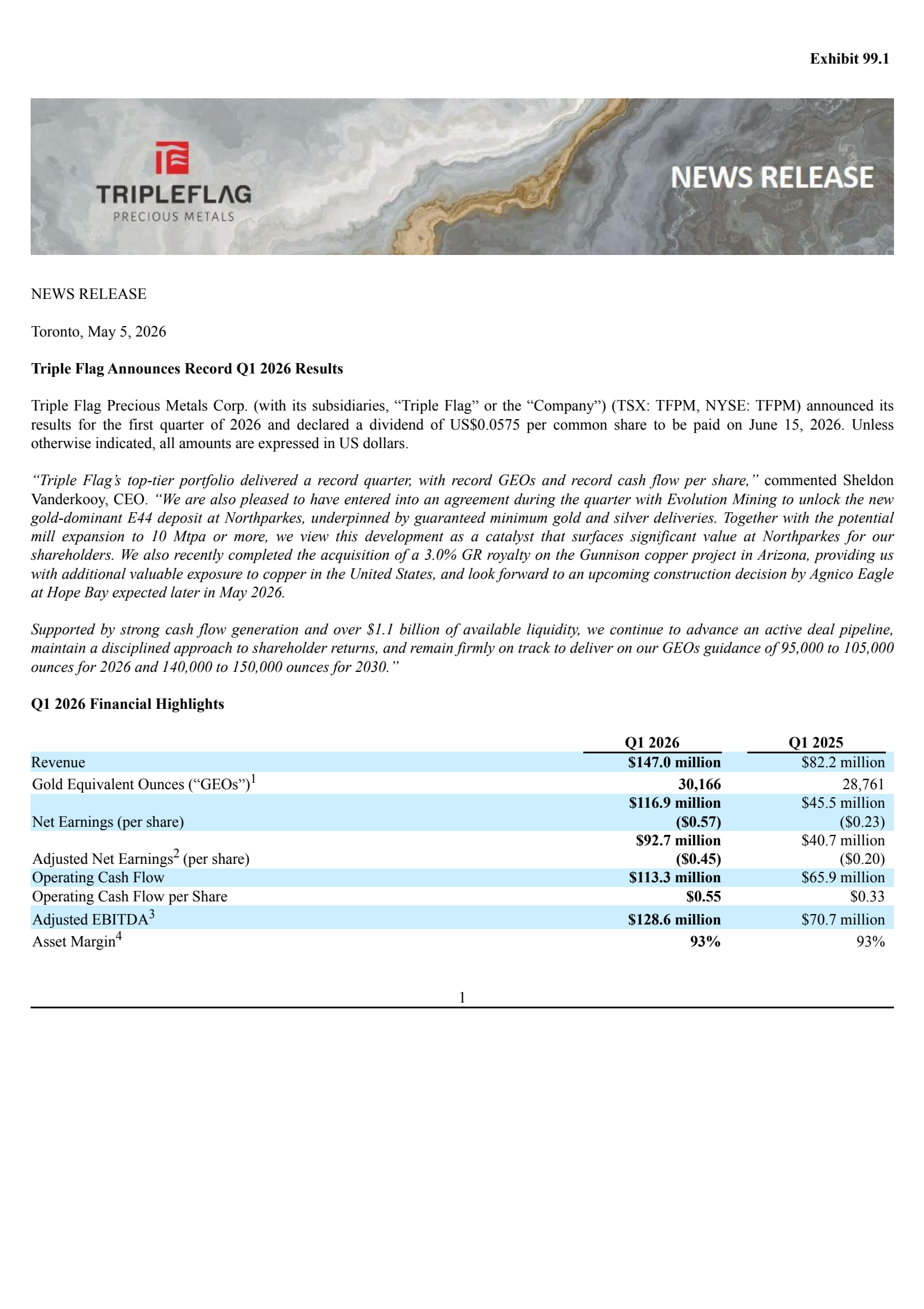 Triple Flag Precious Metals' Q1 2026 Press Release