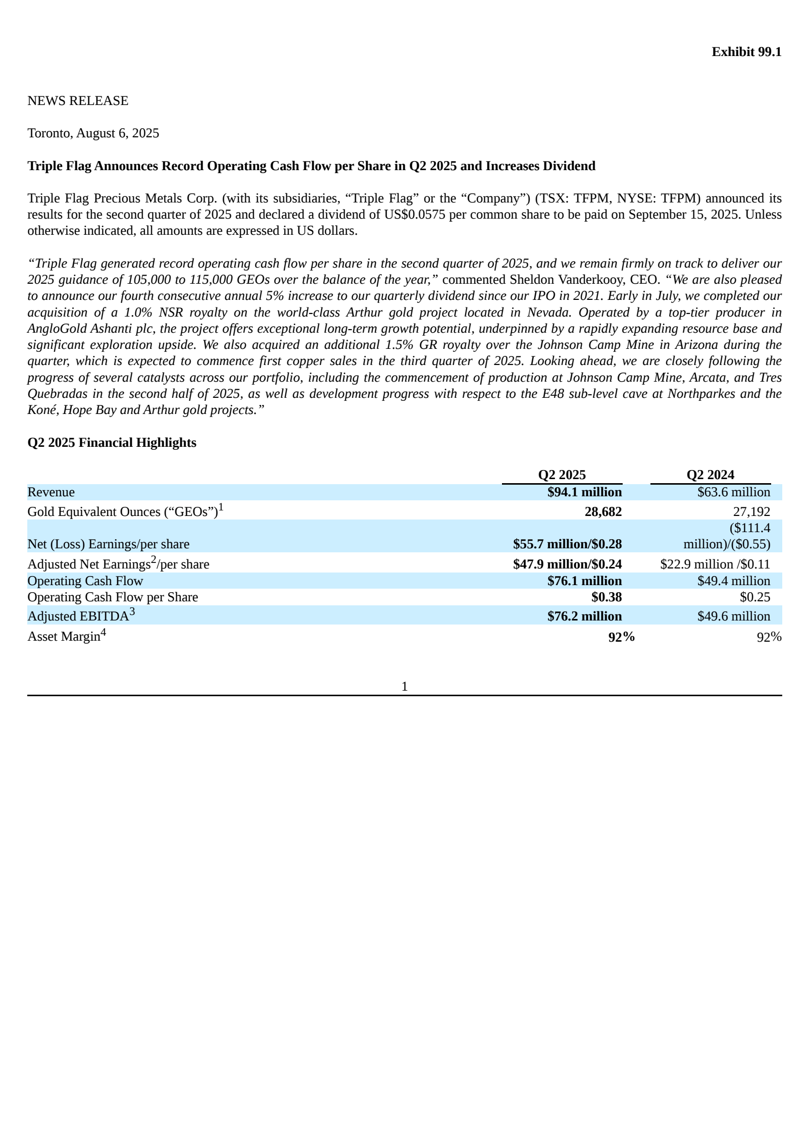 Triple Flag Precious Metals' Q2 2025 Press Release