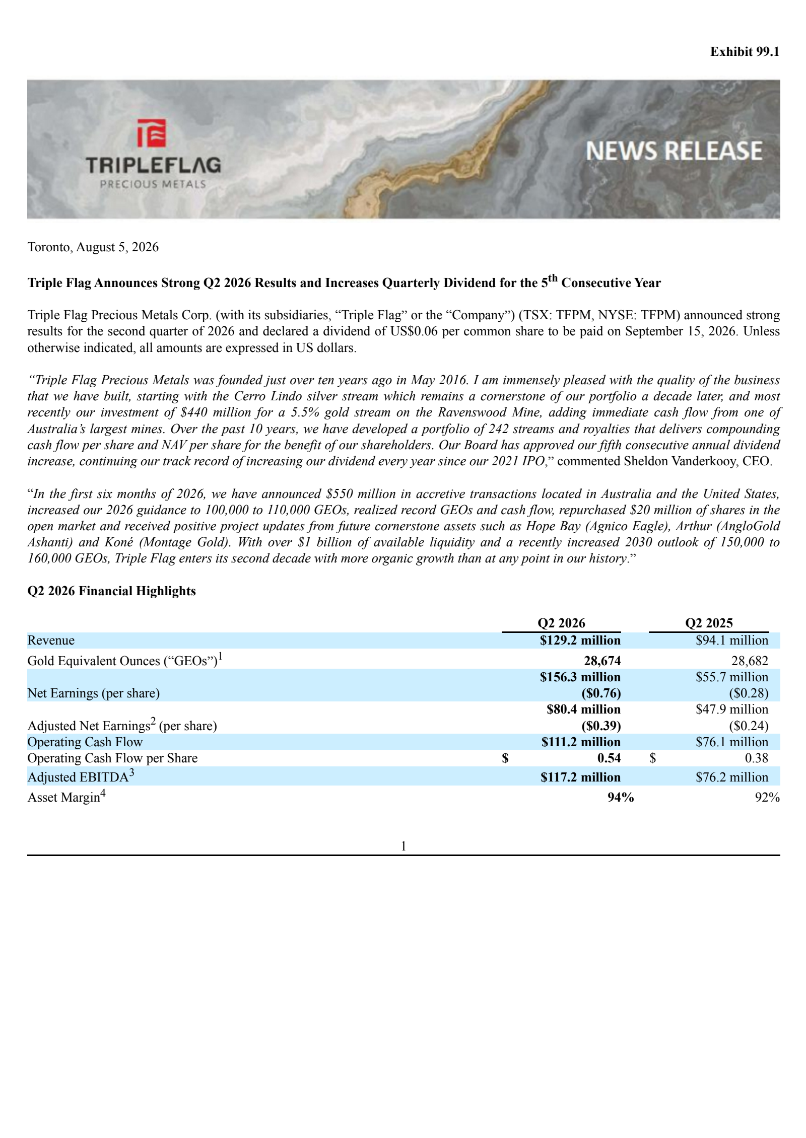 Triple Flag Precious Metals' Q2 2026 Press Release
