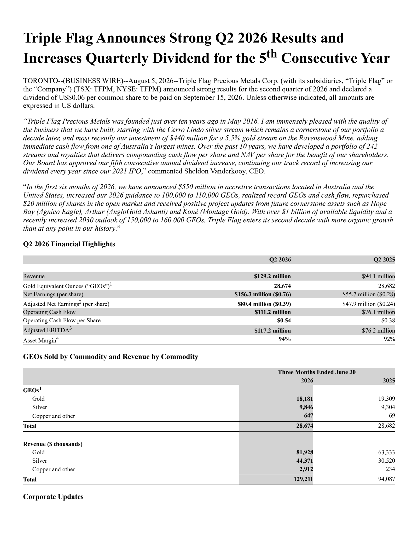 Triple Flag Precious Metals' Q2 2026 Press Release