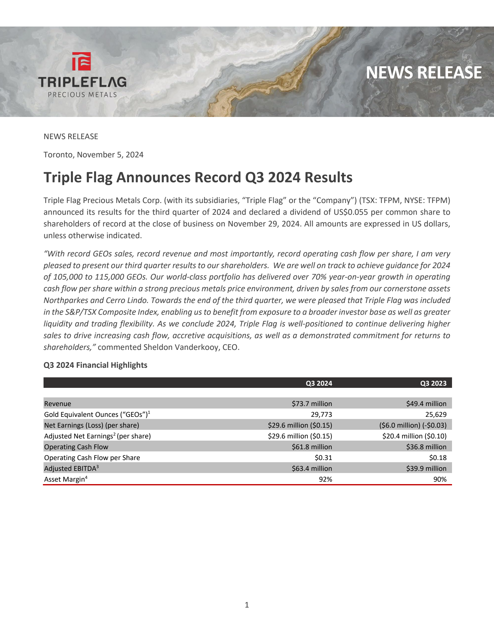 Triple Flag Precious Metals' Q3 2024 Press Release