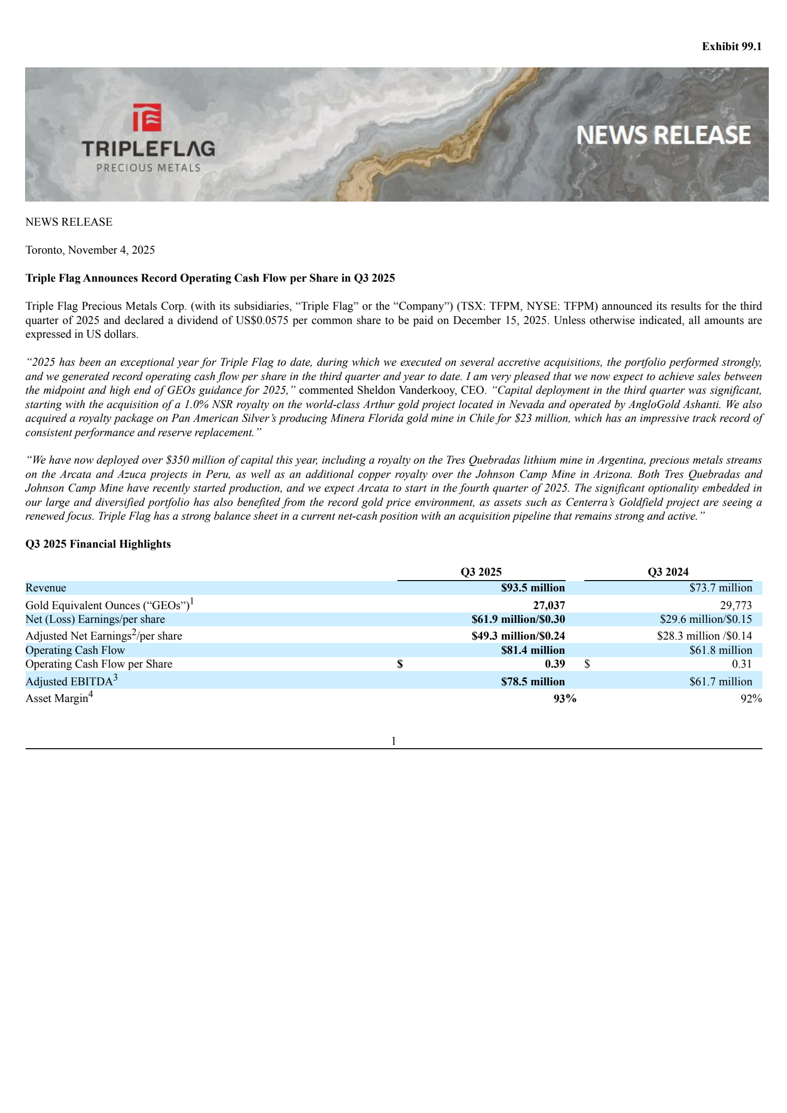 Triple Flag Precious Metals' Q3 2025 Press Release
