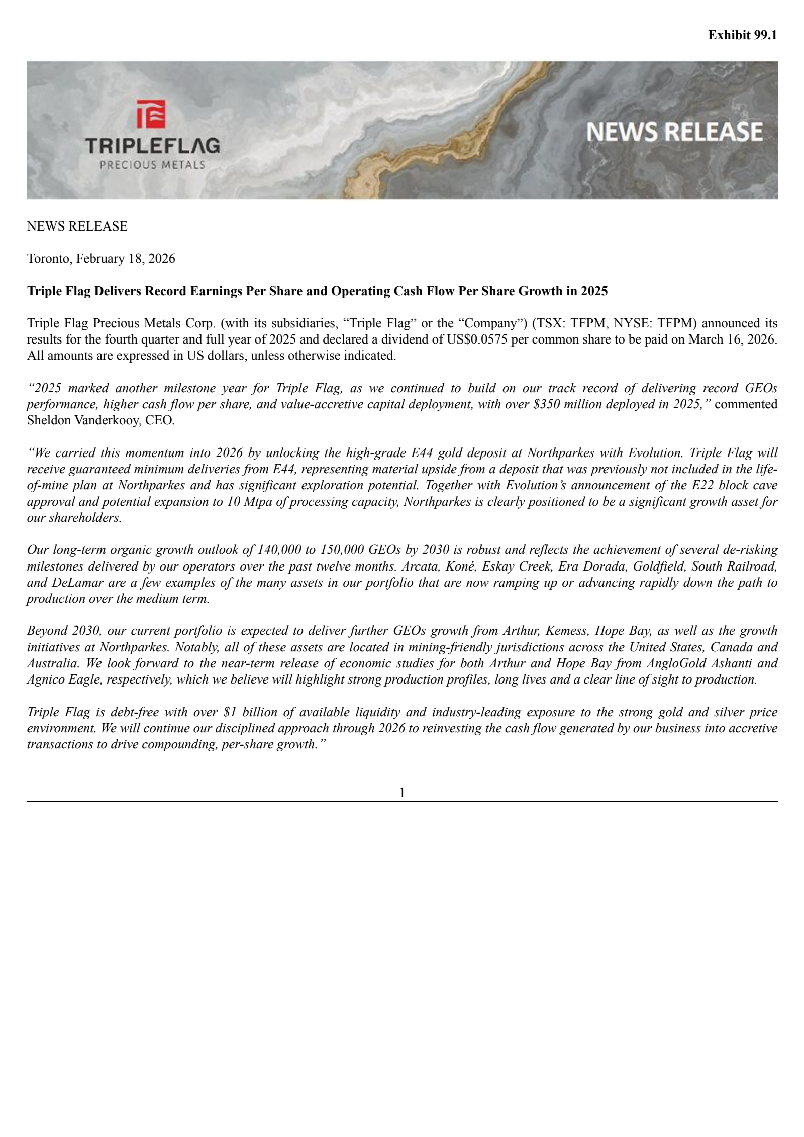 Triple Flag Precious Metals' Q4 2025 Press Release