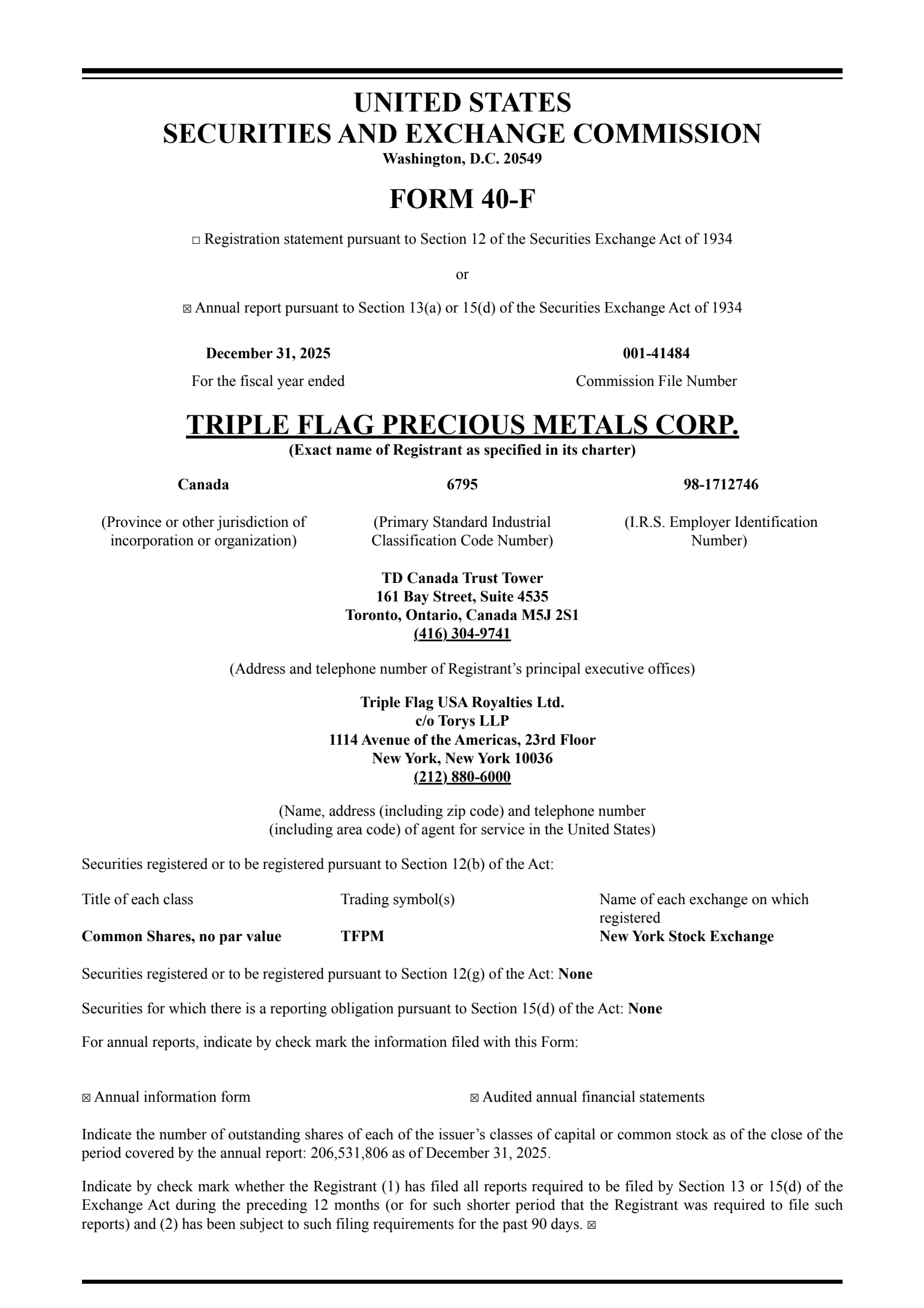 Triple Flag Precious Metals' Q4 2025 Annual report