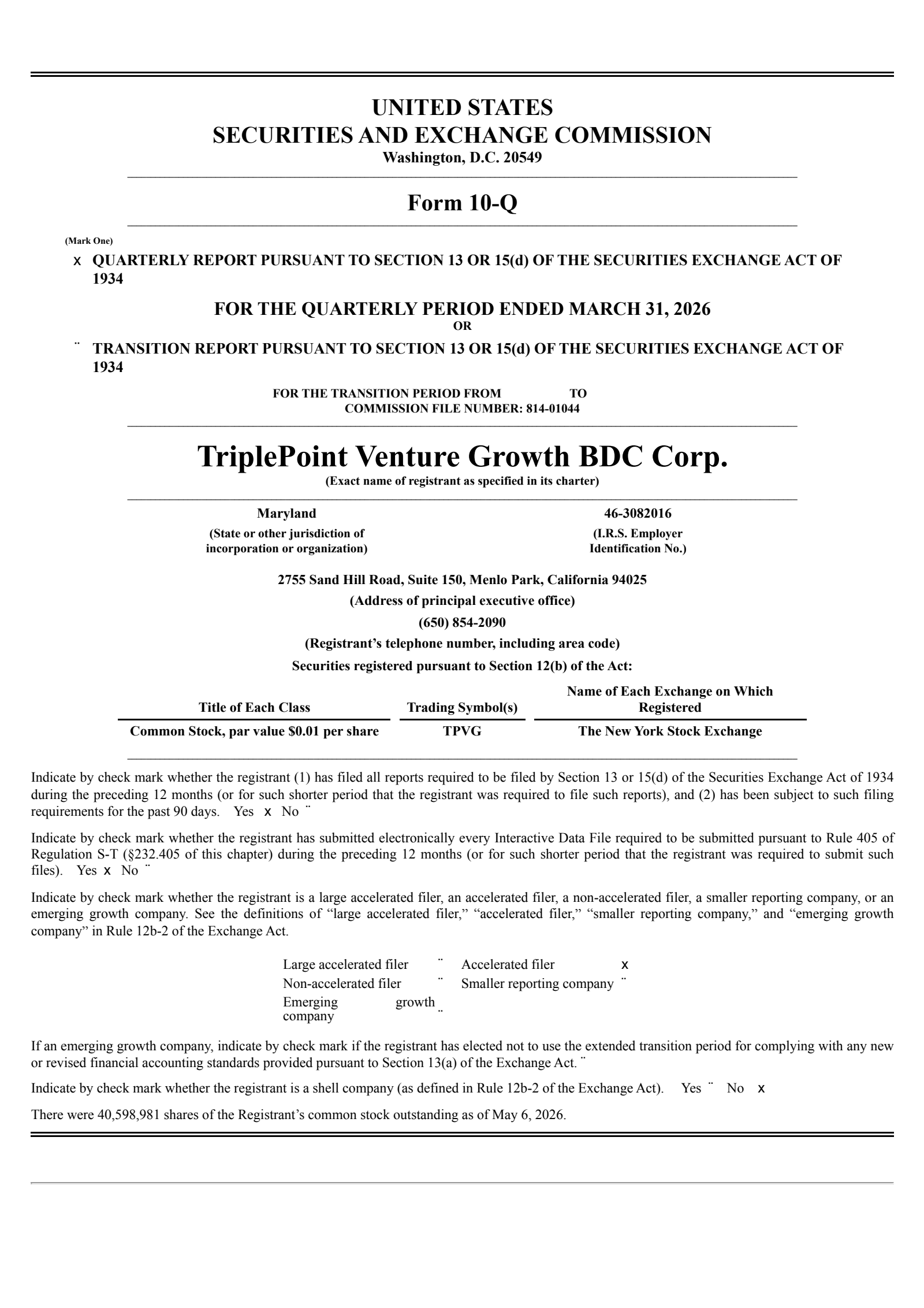 TriplePoint Venture Growth BDC's Q1 2026 Quarterly report