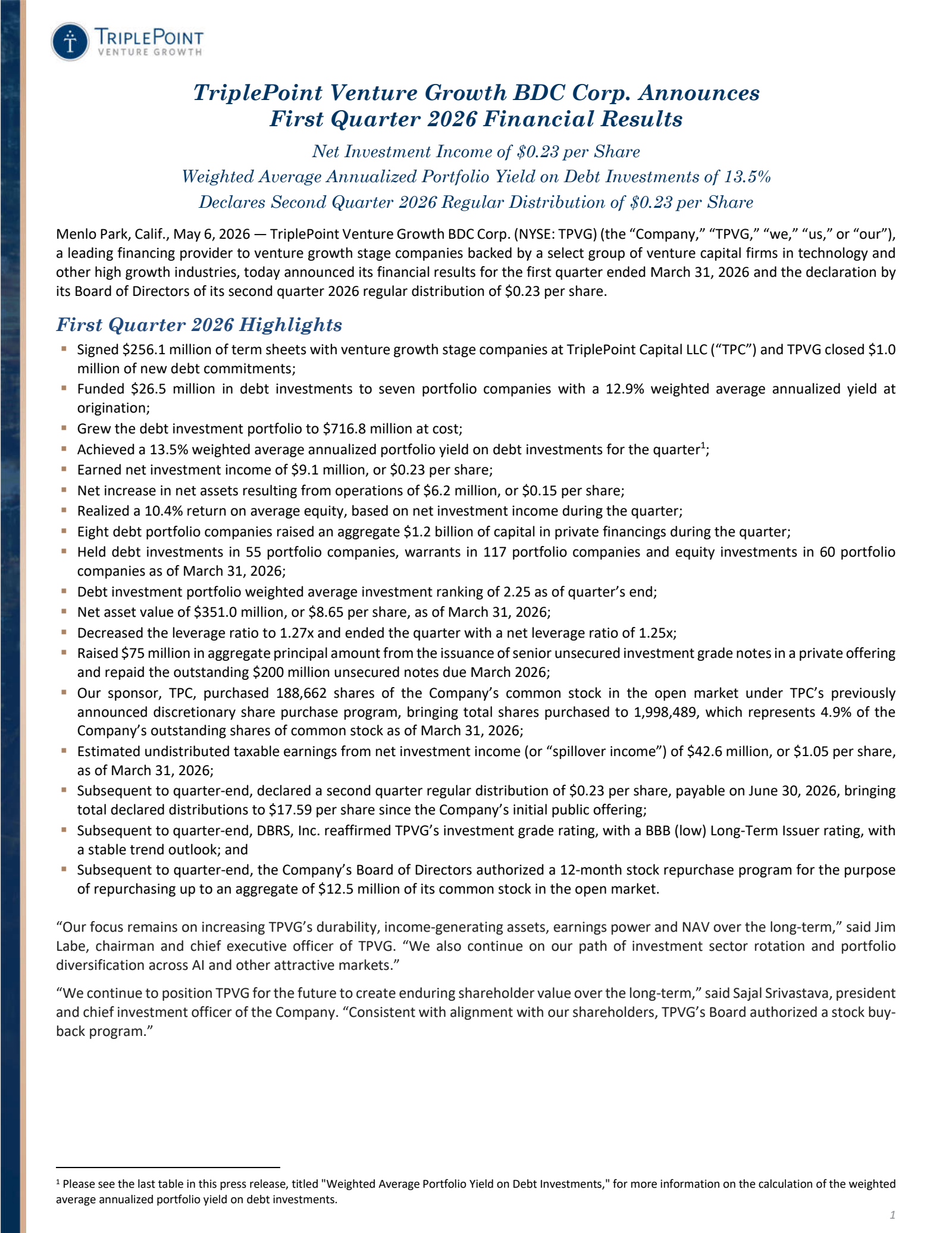 TriplePoint Venture Growth BDC's Q1 2026 Press Release