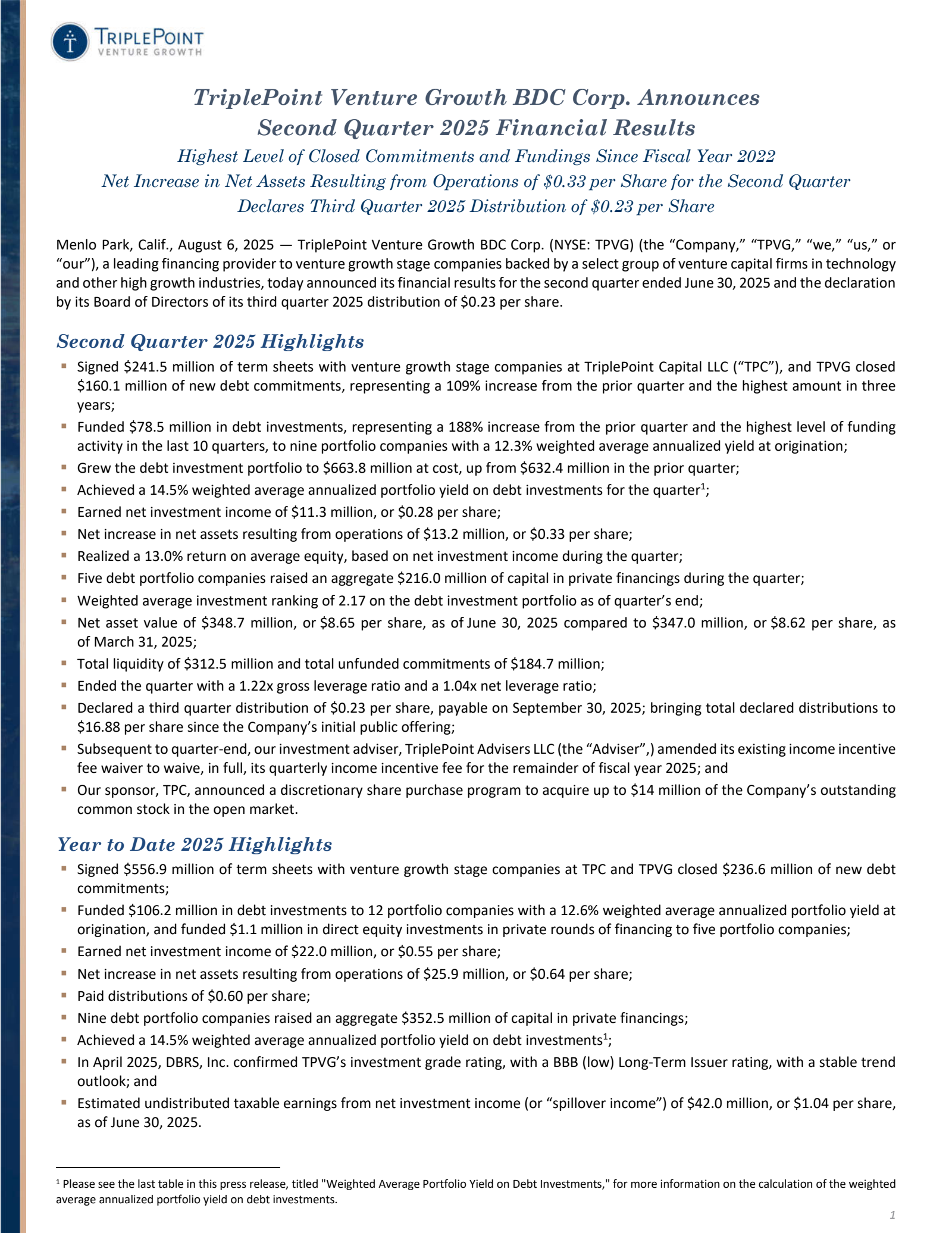 TriplePoint Venture Growth BDC's Q2 2025 Press Release