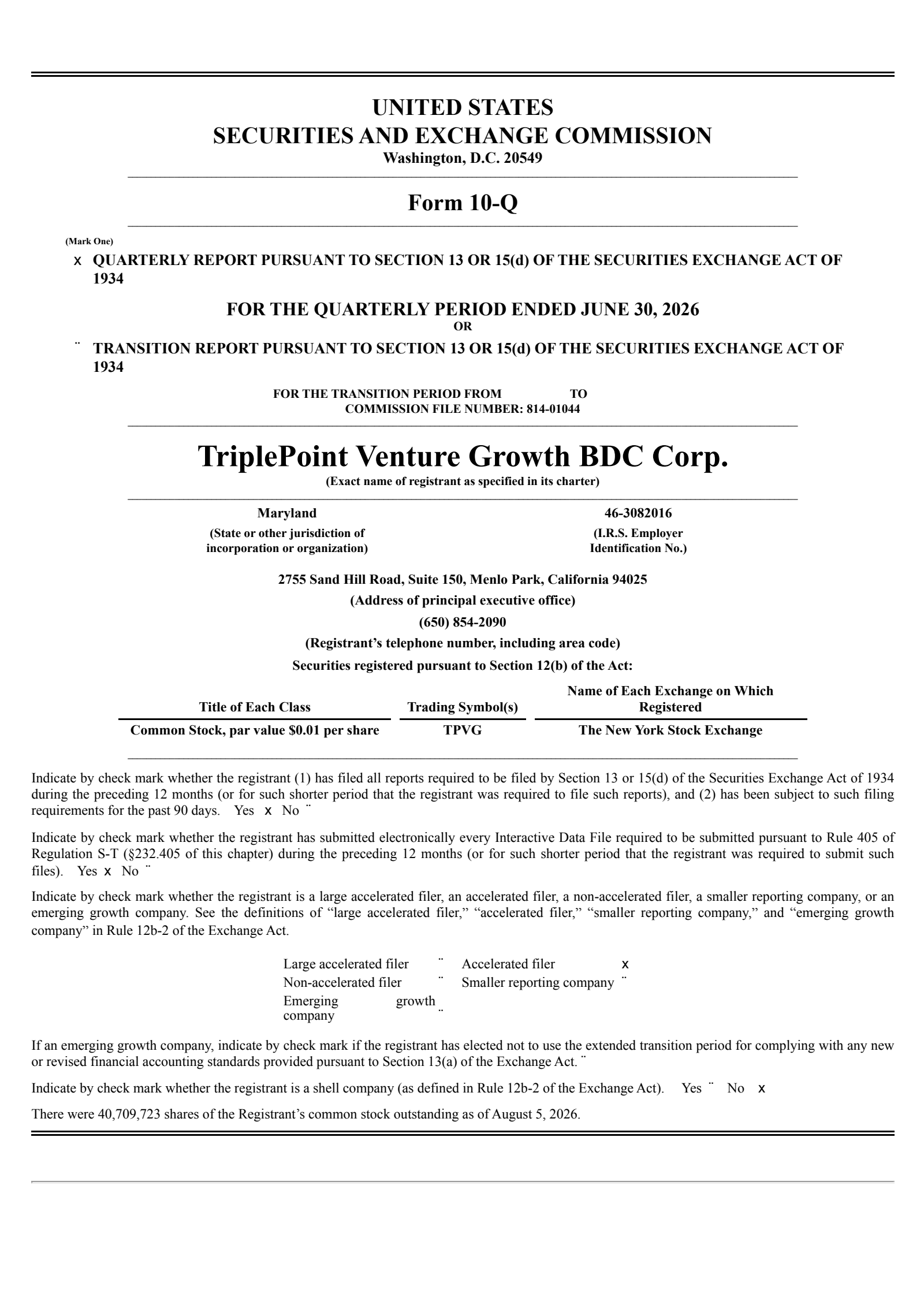TriplePoint Venture Growth BDC's Q2 2026 Quarterly report