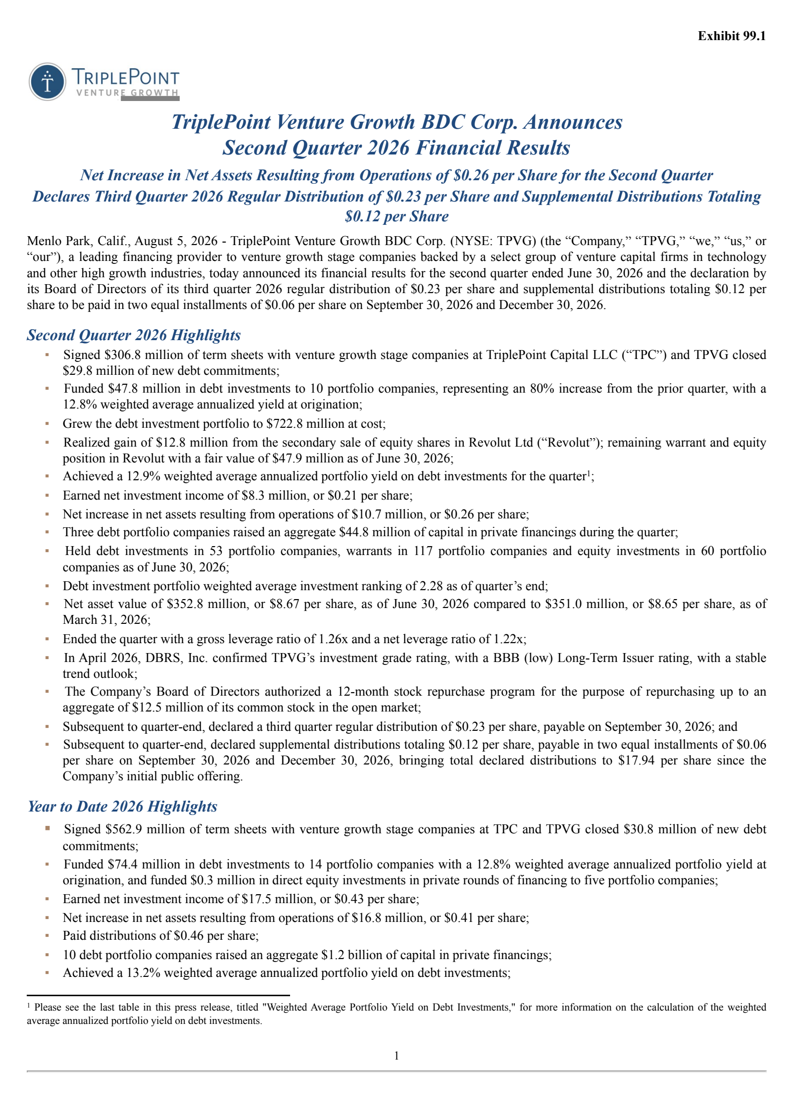 TriplePoint Venture Growth BDC's Q2 2026 Press Release