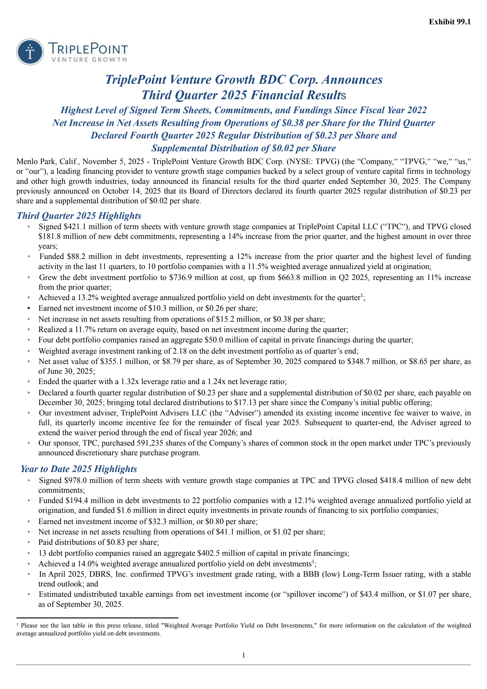 TriplePoint Venture Growth BDC's Q3 2025 Earnings Release