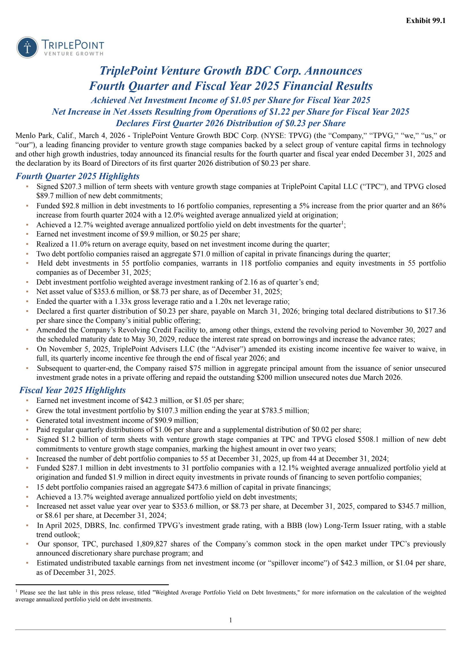 TriplePoint Venture Growth BDC's Q4 2025 Press Release