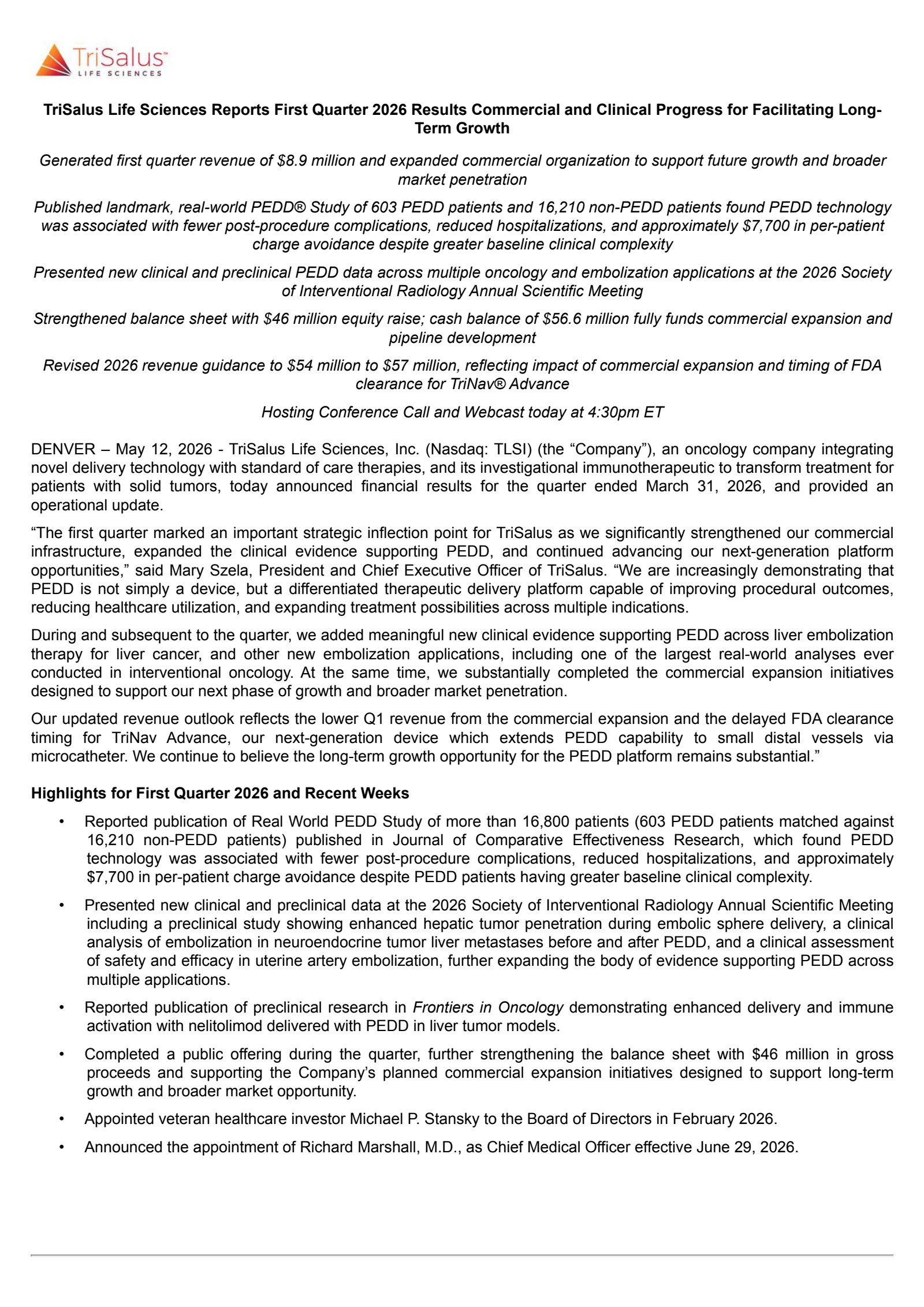 TriSalus Life Sciences' Q1 2026 Press Release
