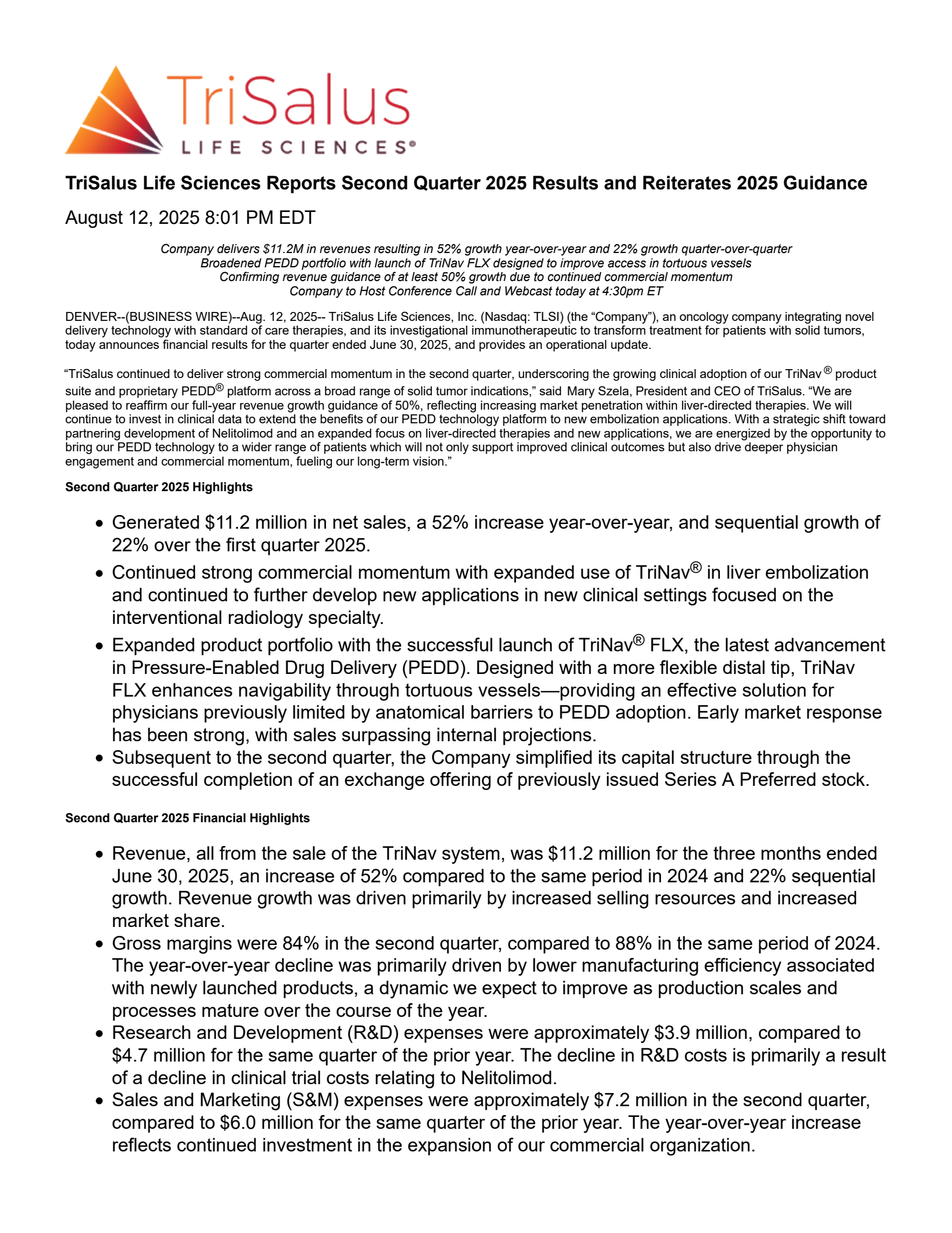 TriSalus Life Sciences' Q2 2025 Press Release