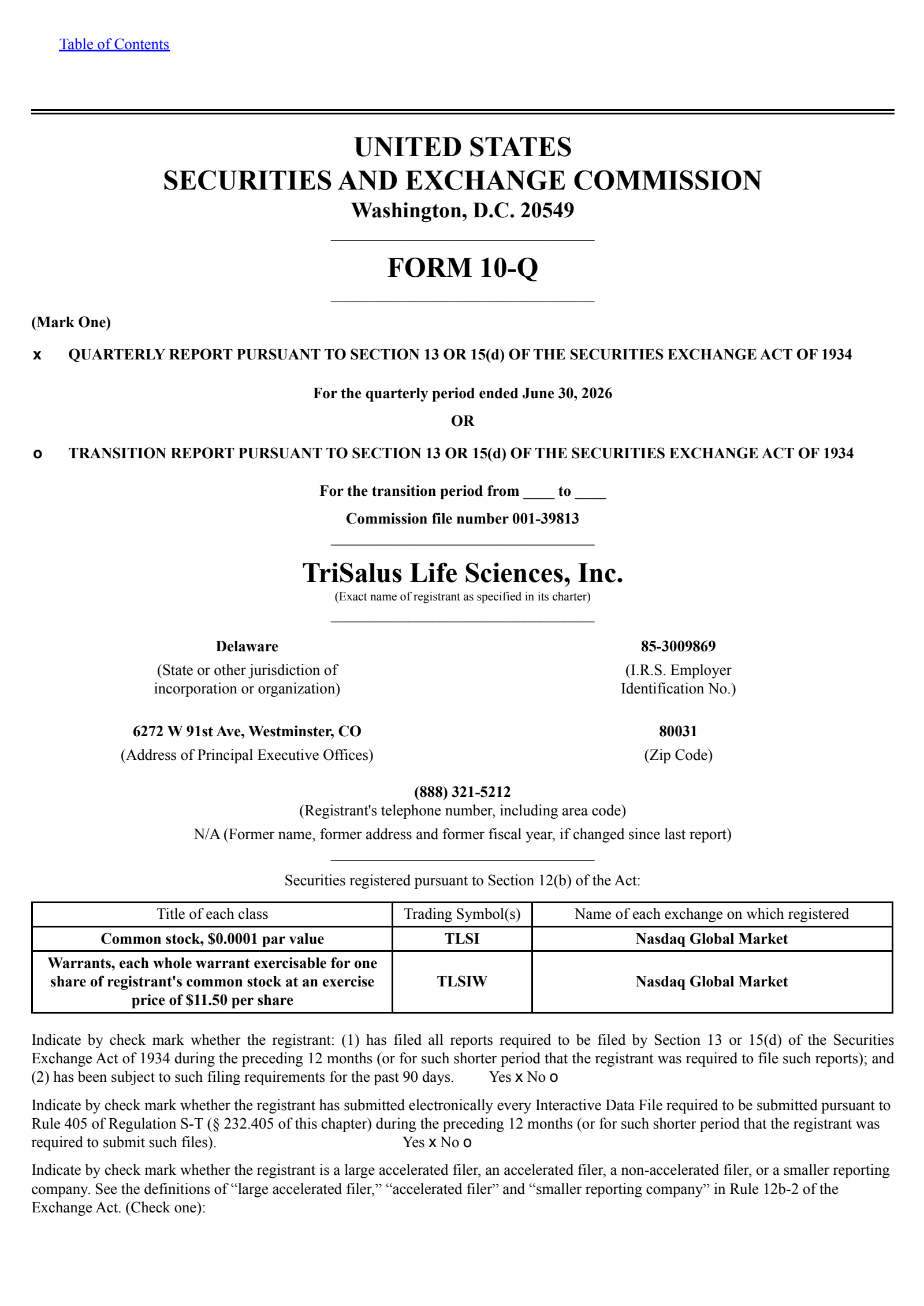 TriSalus Life Sciences' Q2 2026 Quarterly report