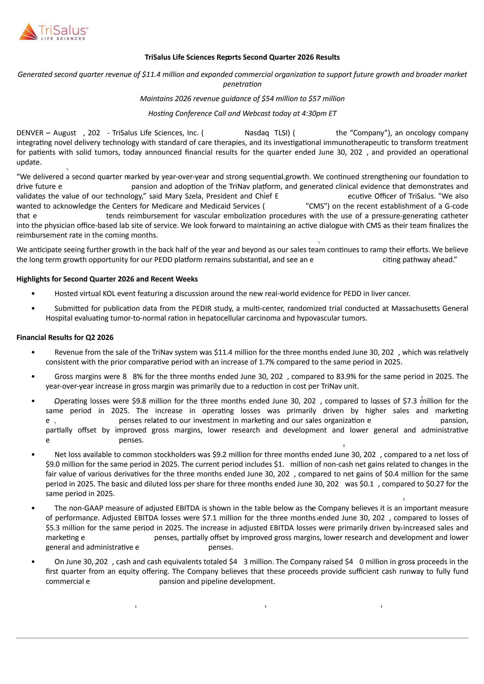 TriSalus Life Sciences' Q2 2026 Press Release