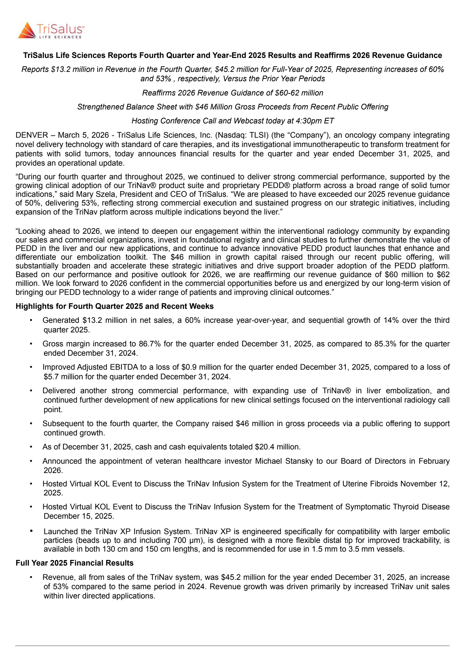 TriSalus Life Sciences' Q4 2025 Press Release