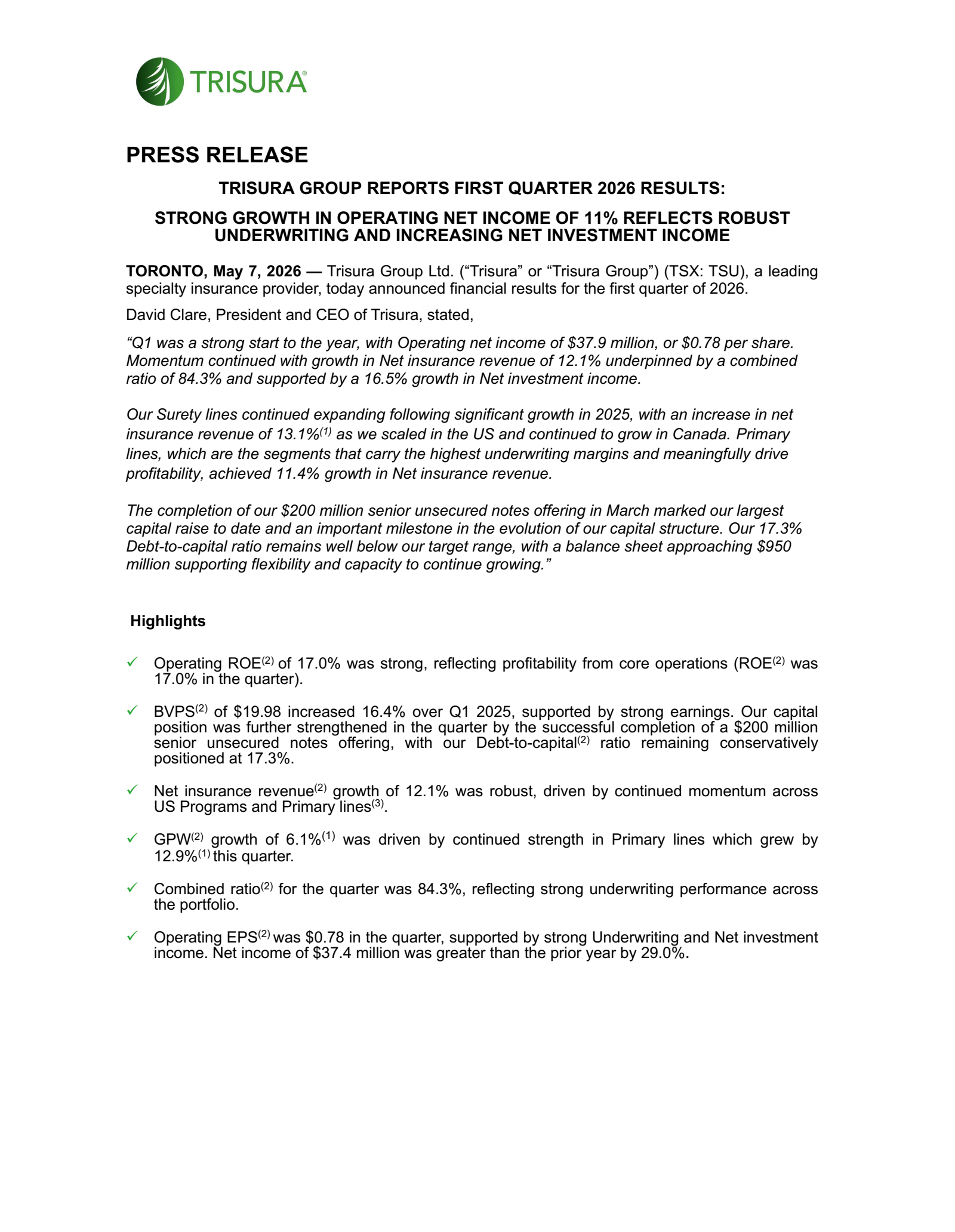 Trisura Group's Q1 2026 Press Release