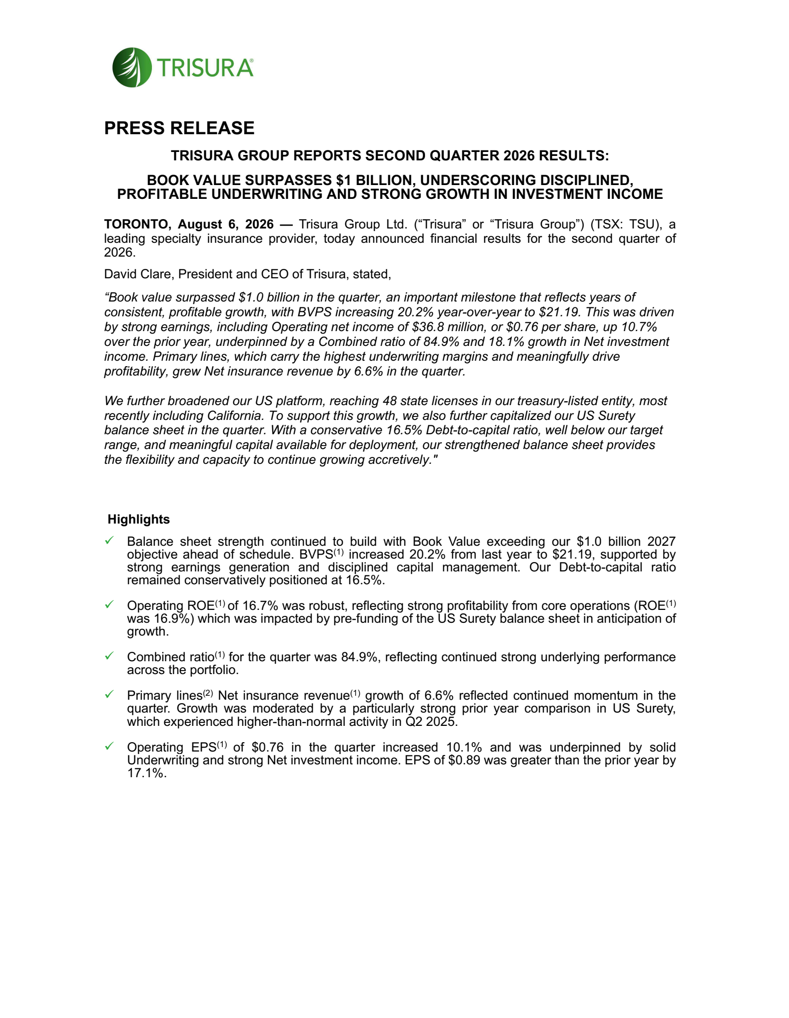 Trisura Group's Q2 2026 Press Release