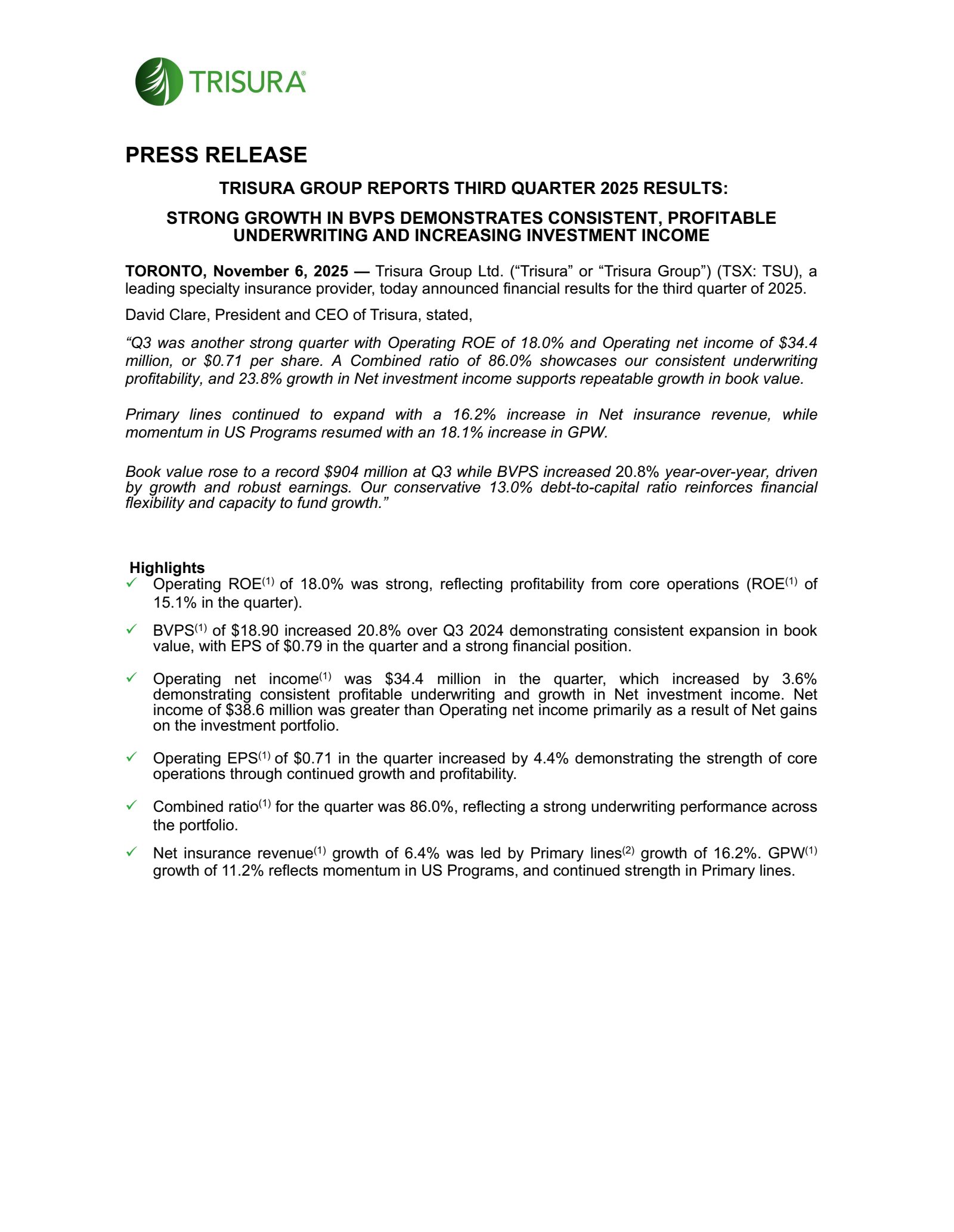 Trisura Group's Q3 2025 Press Release