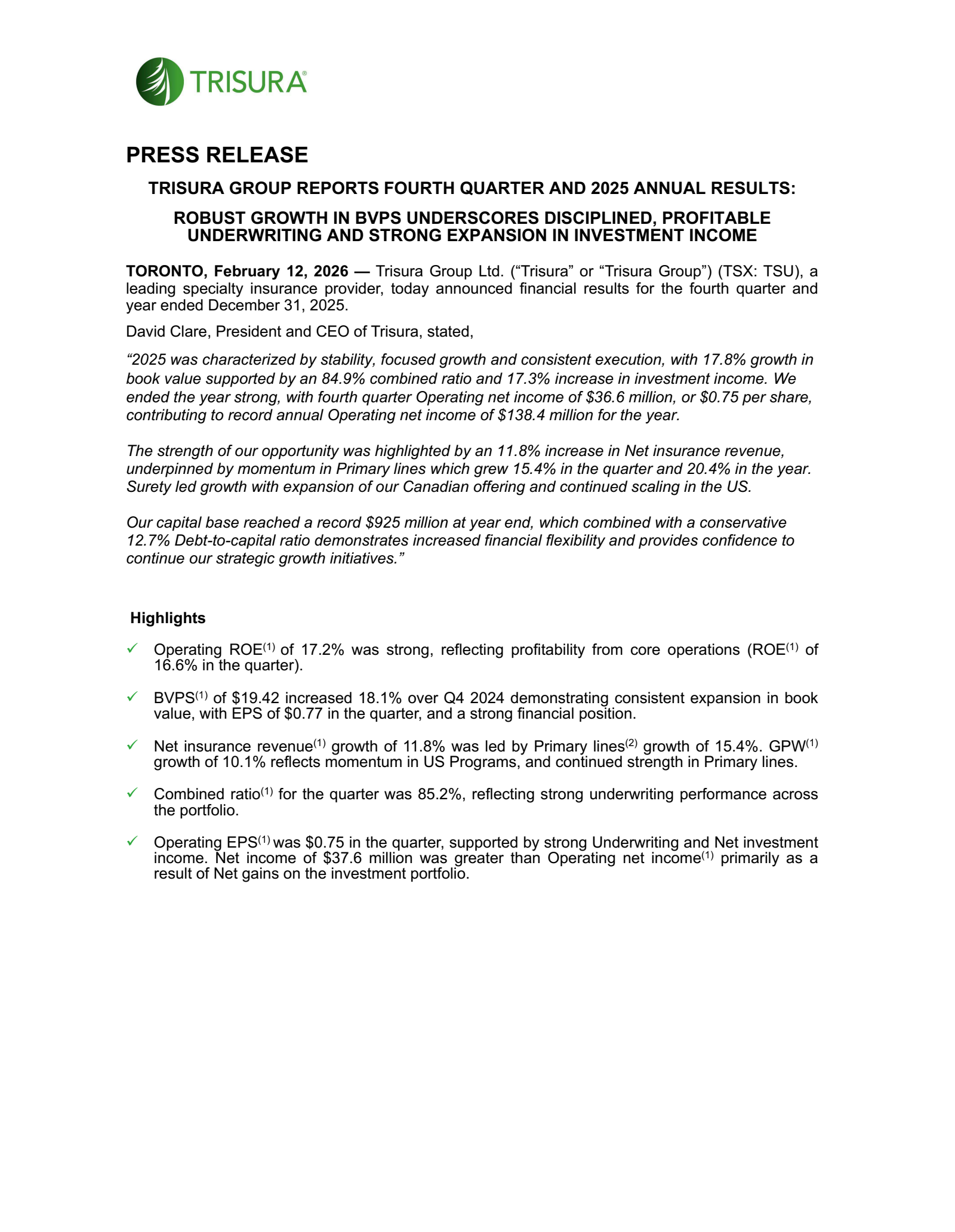 Trisura Group's Q4 2025 Press Release