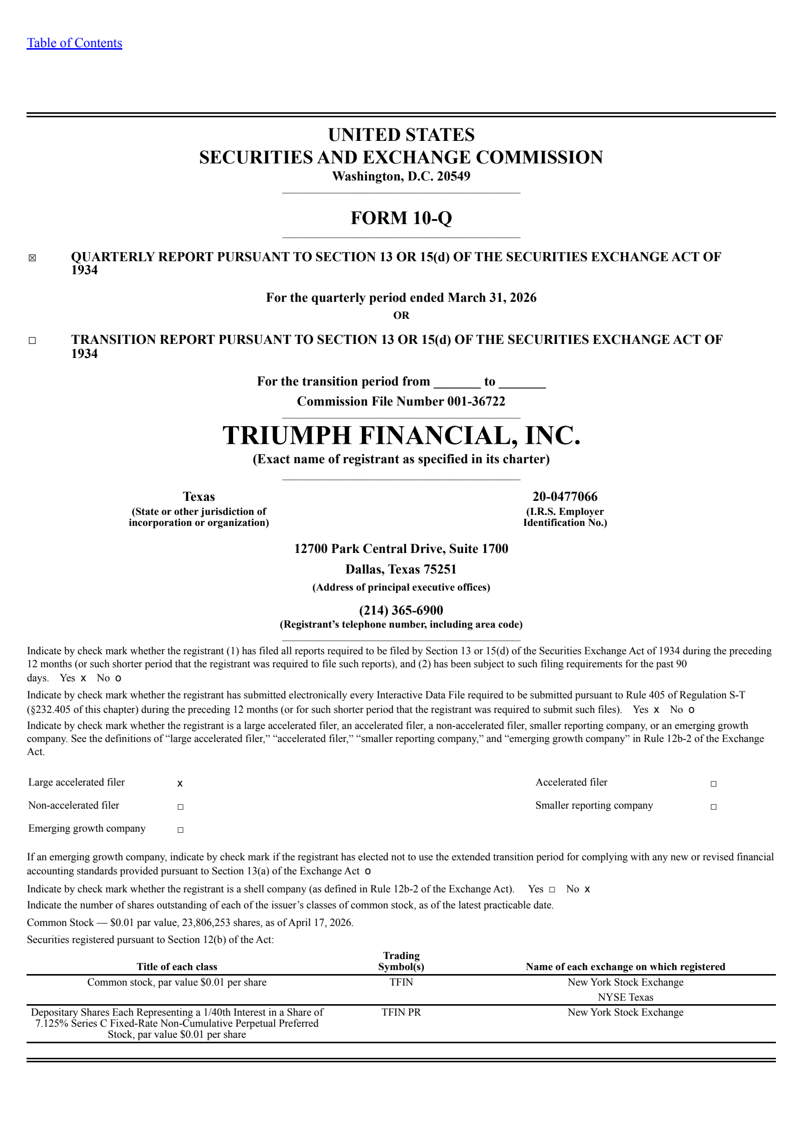 Triumph Financial's Q1 2026 Quarterly report