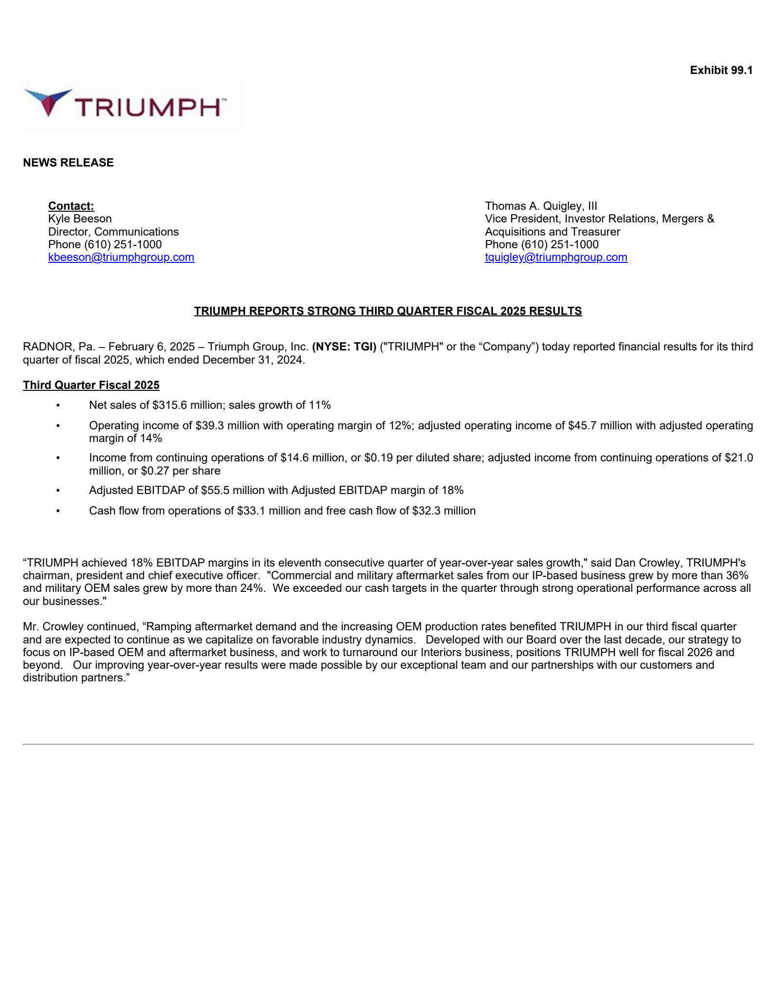 Triumph Group's Q3 2025 Press Release