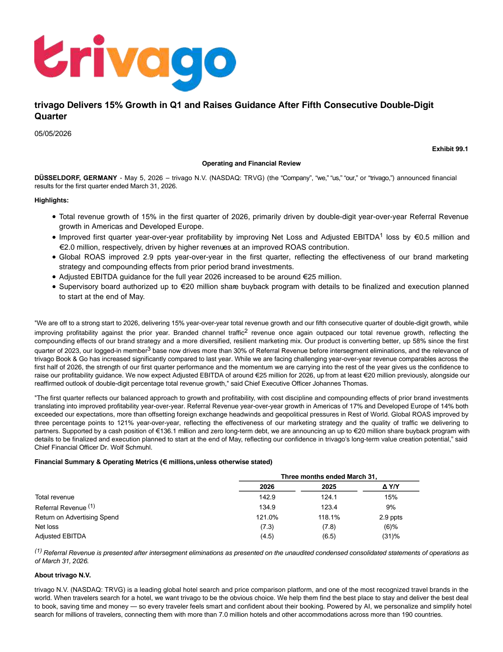 Trivago N.V. ADS's Q1 2026 Press Release