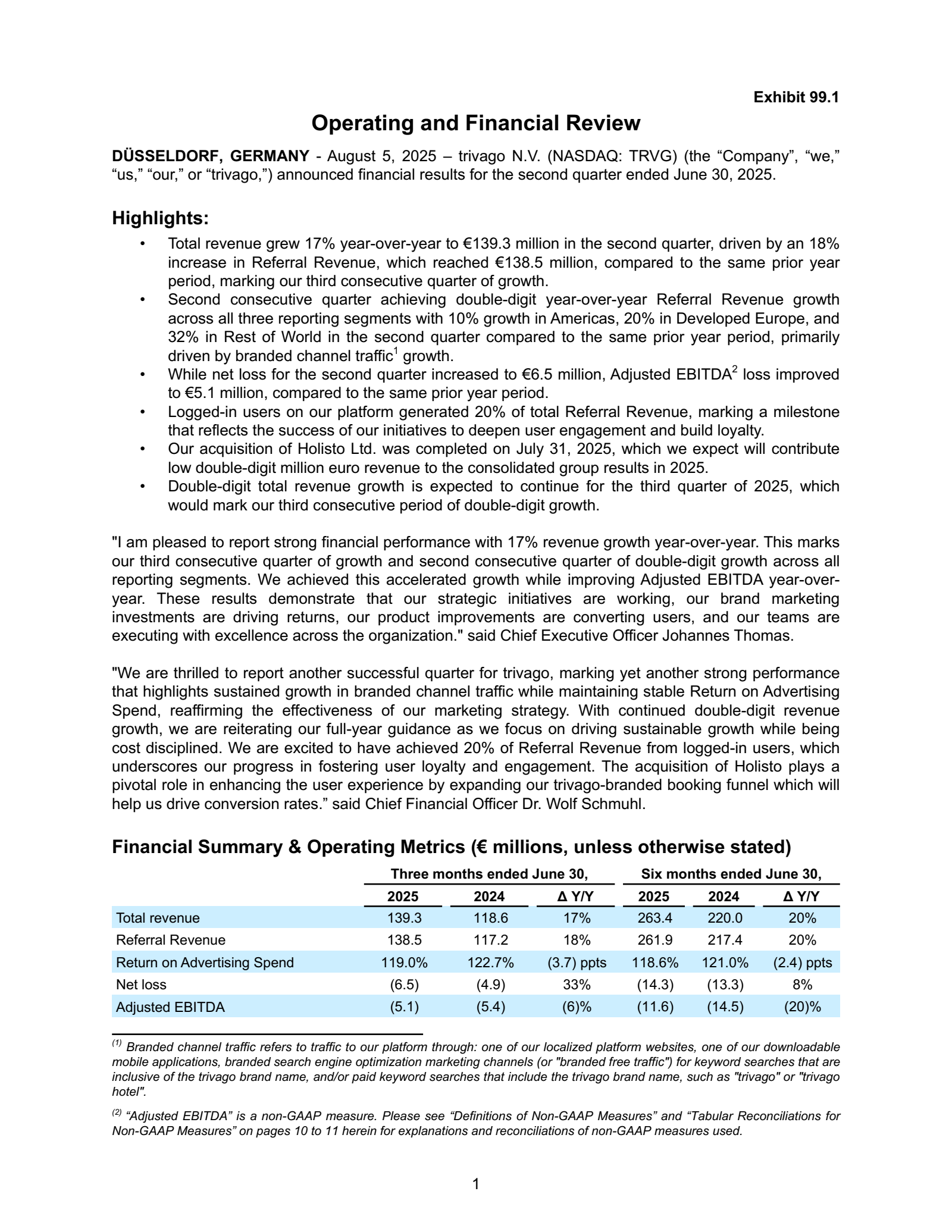 Trivago N.V. ADS's Q2 2025 Press Release