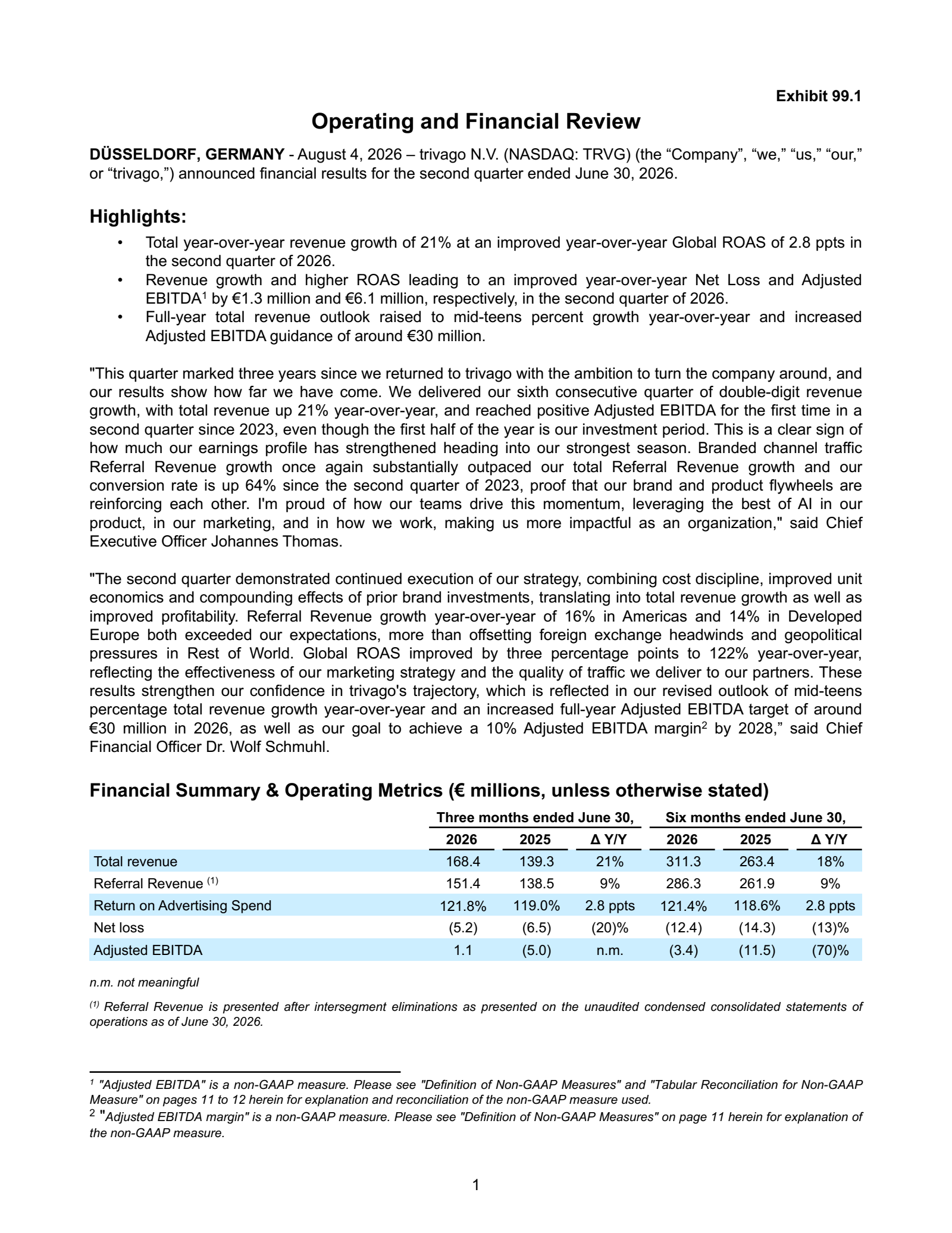 Trivago N.V. ADS's Q2 2026 Press Release