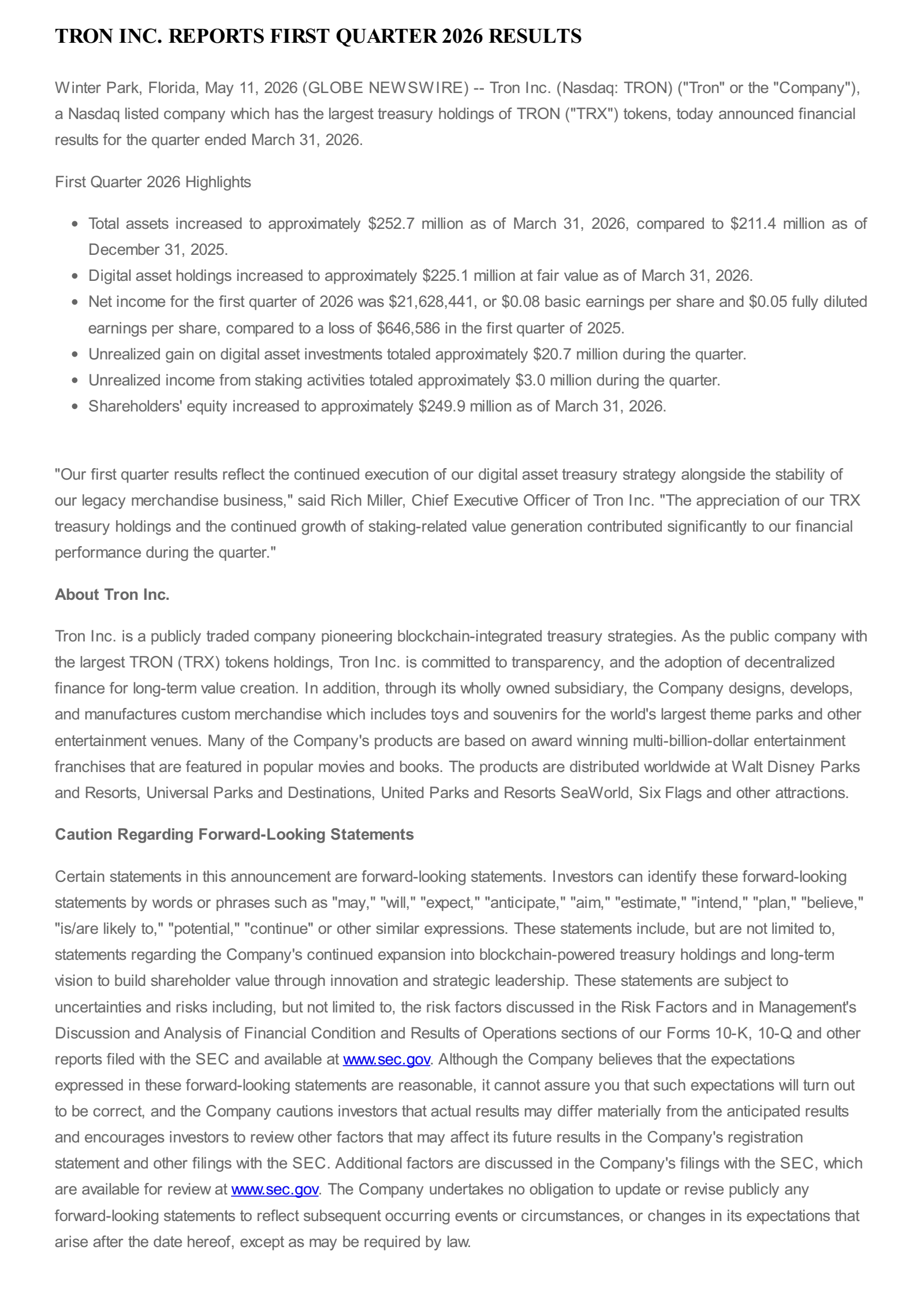Tron's Q1 2026 Press Release