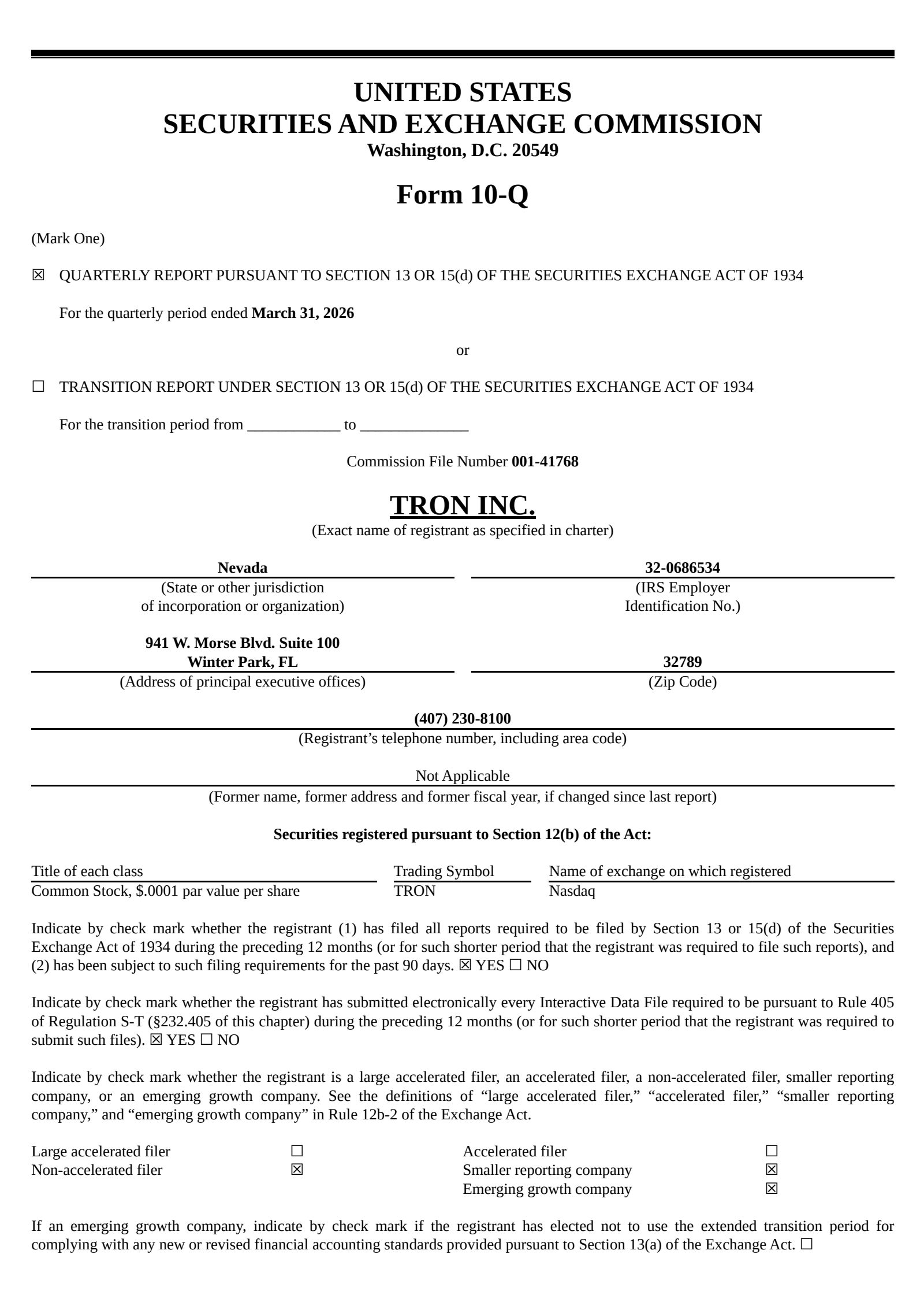 Tron's Q1 2026 Quarterly report