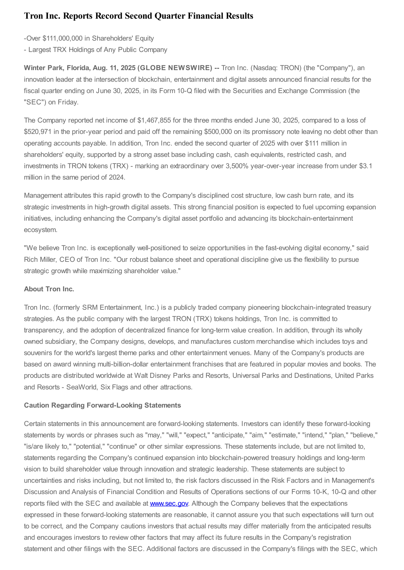 Tron's Q2 2025 Press Release