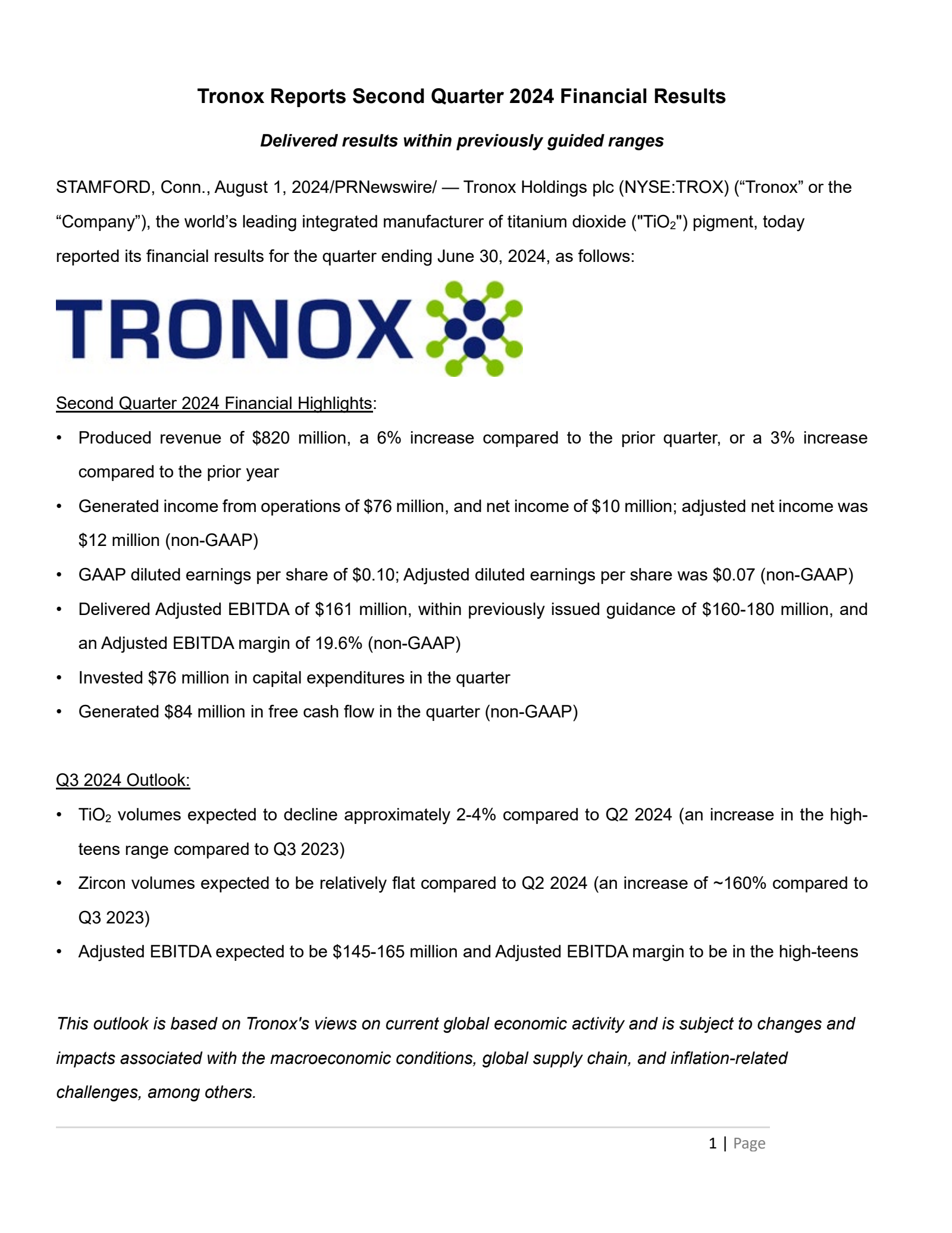 Tronox's Q2 2024 Press Release