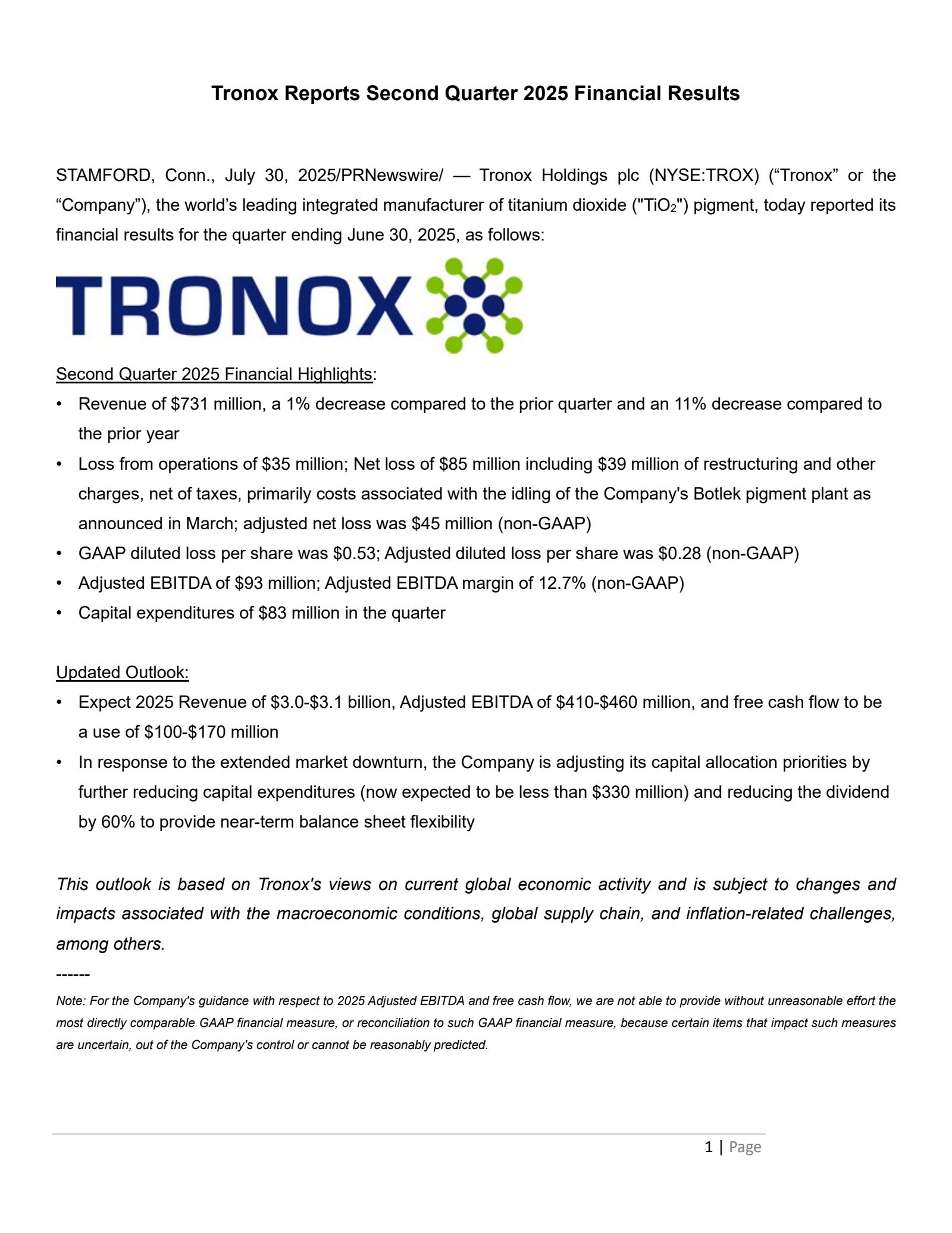 Tronox's Q2 2025 Press Release