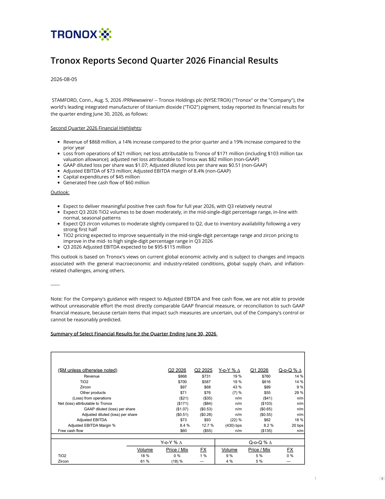 Tronox's Q2 2026 Press Release