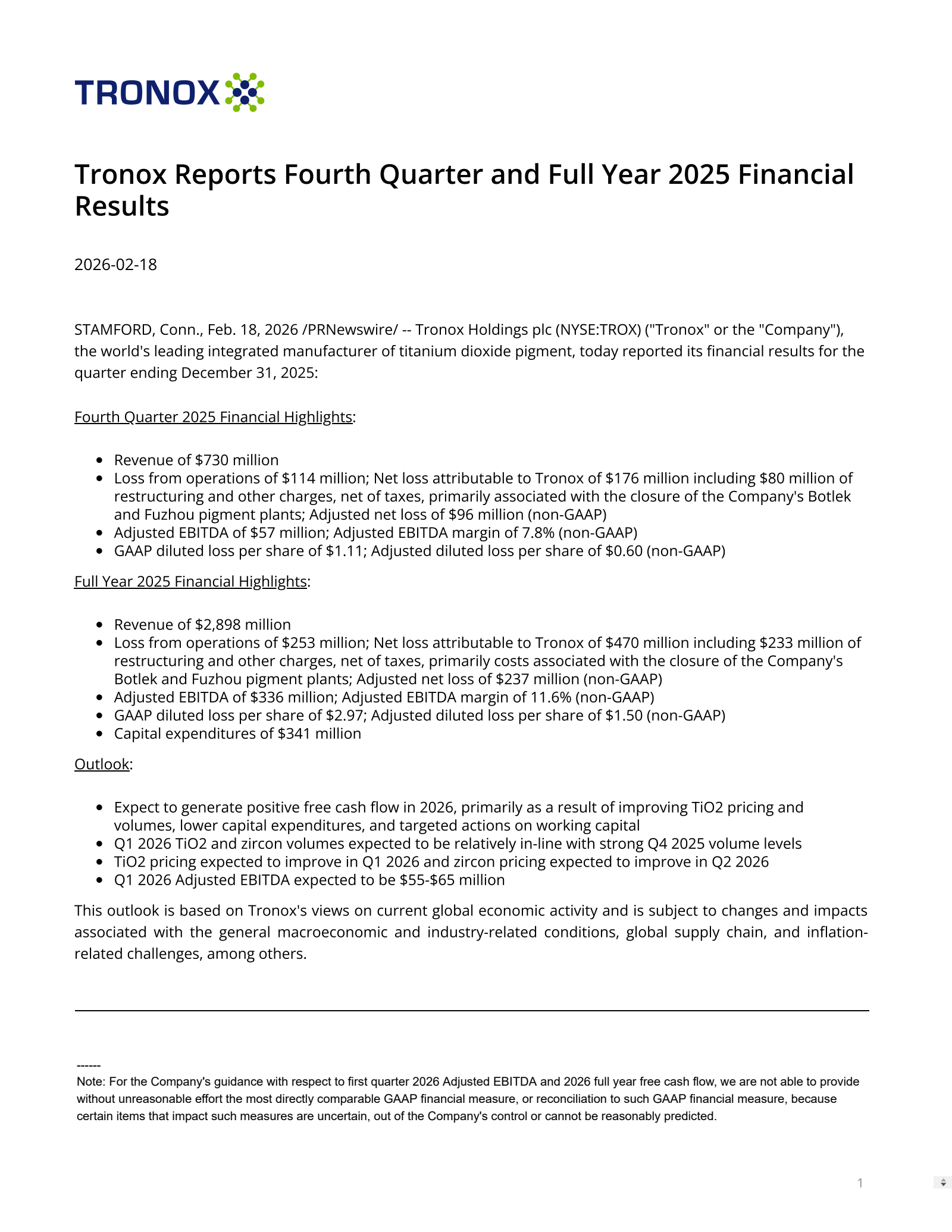 Tronox's Q4 2025 Press Release