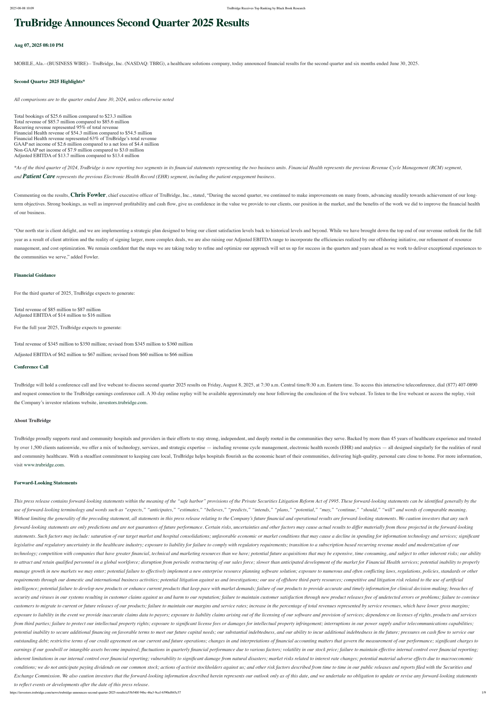 TruBridge's Q2 2025 Press Release