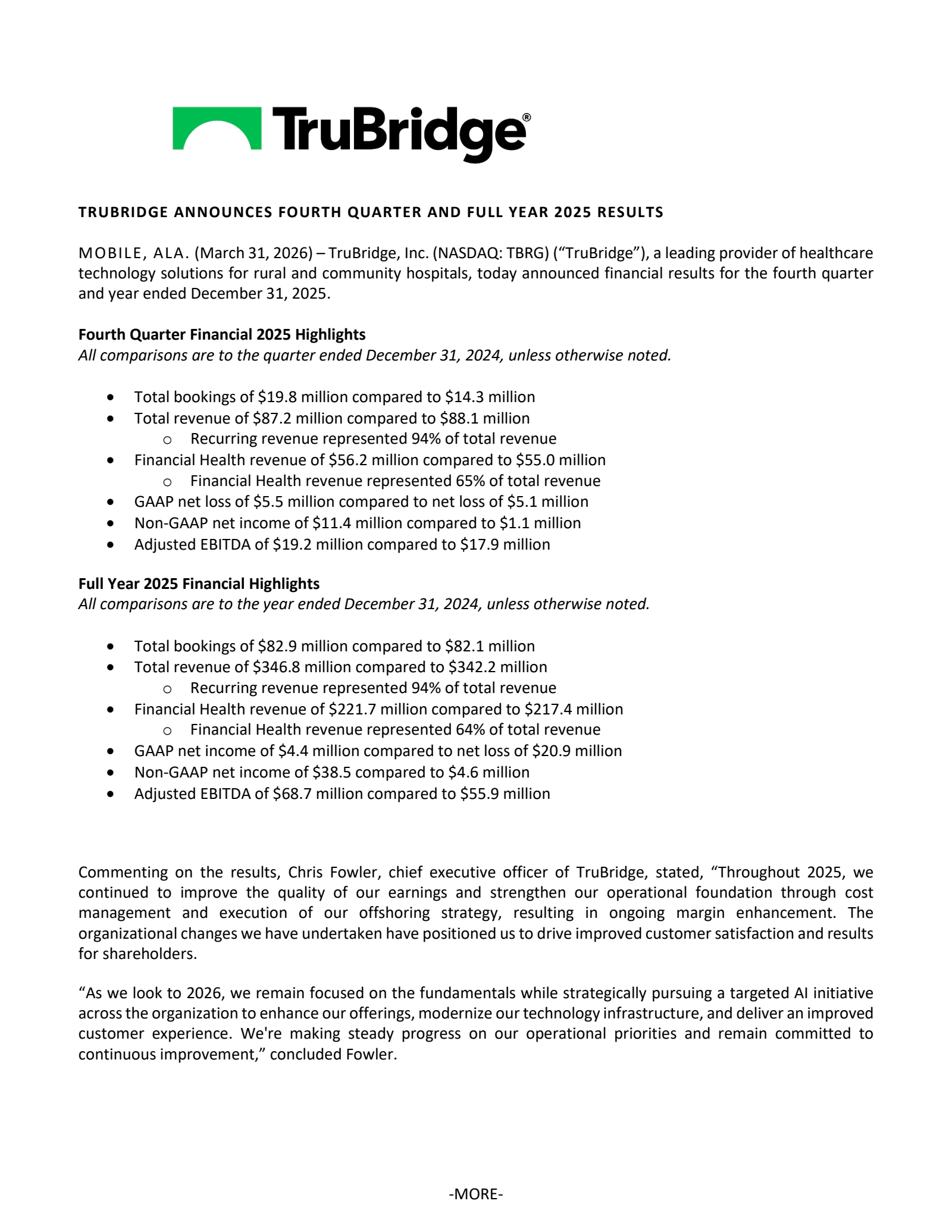 TruBridge's Q4 2025 Press Release