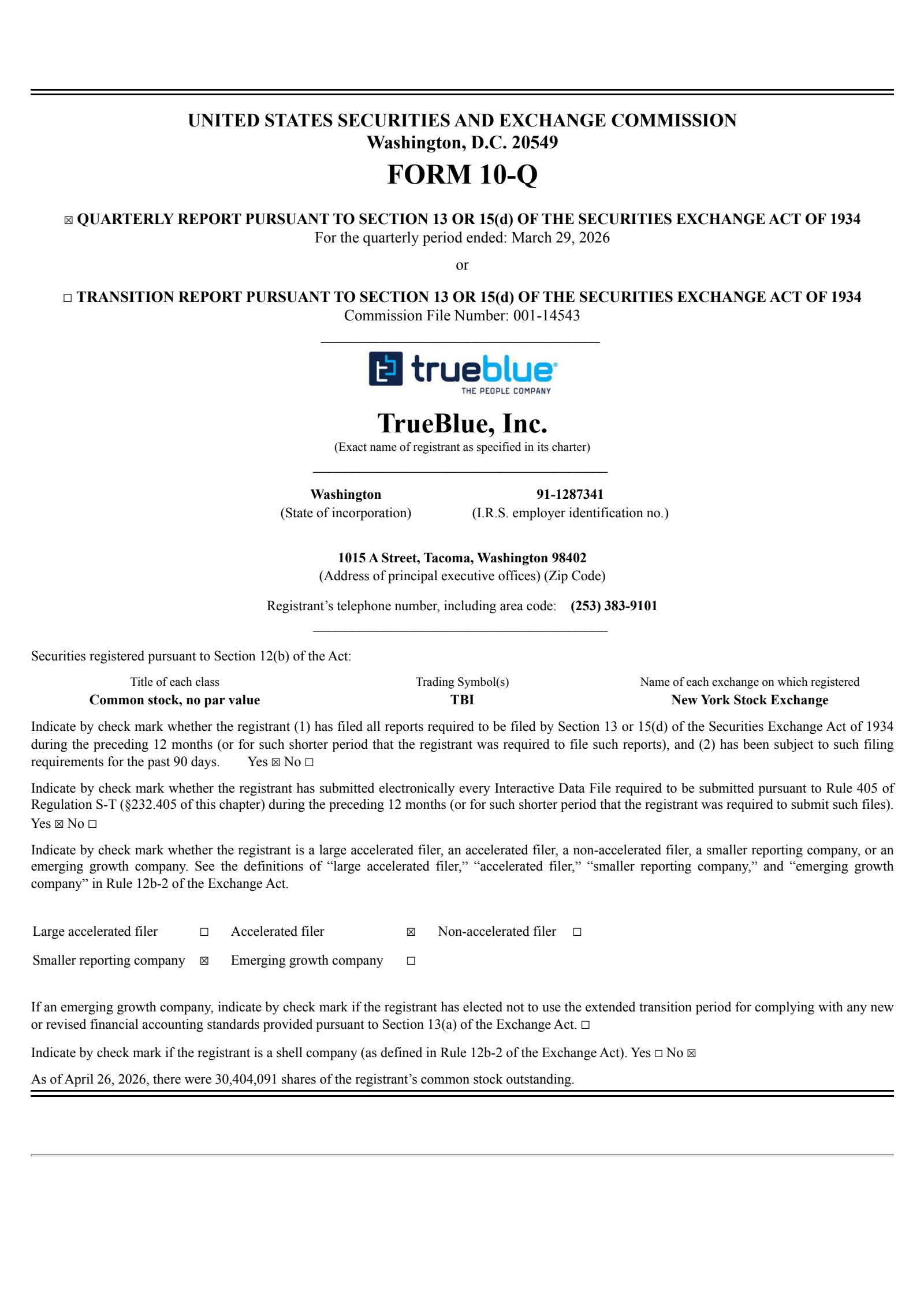 TrueBlue's Q1 2026 Quarterly report
