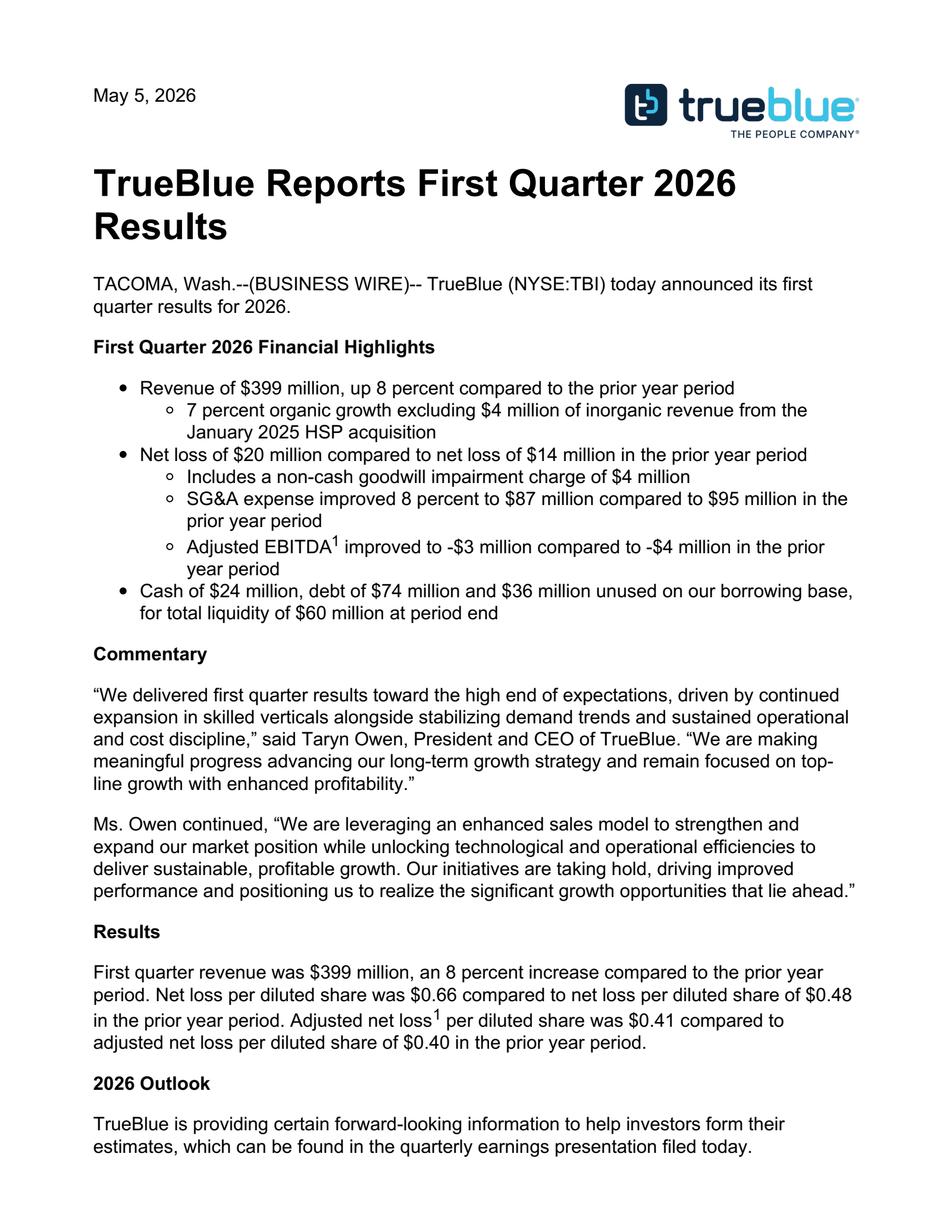 TrueBlue's Q1 2026 Press Release