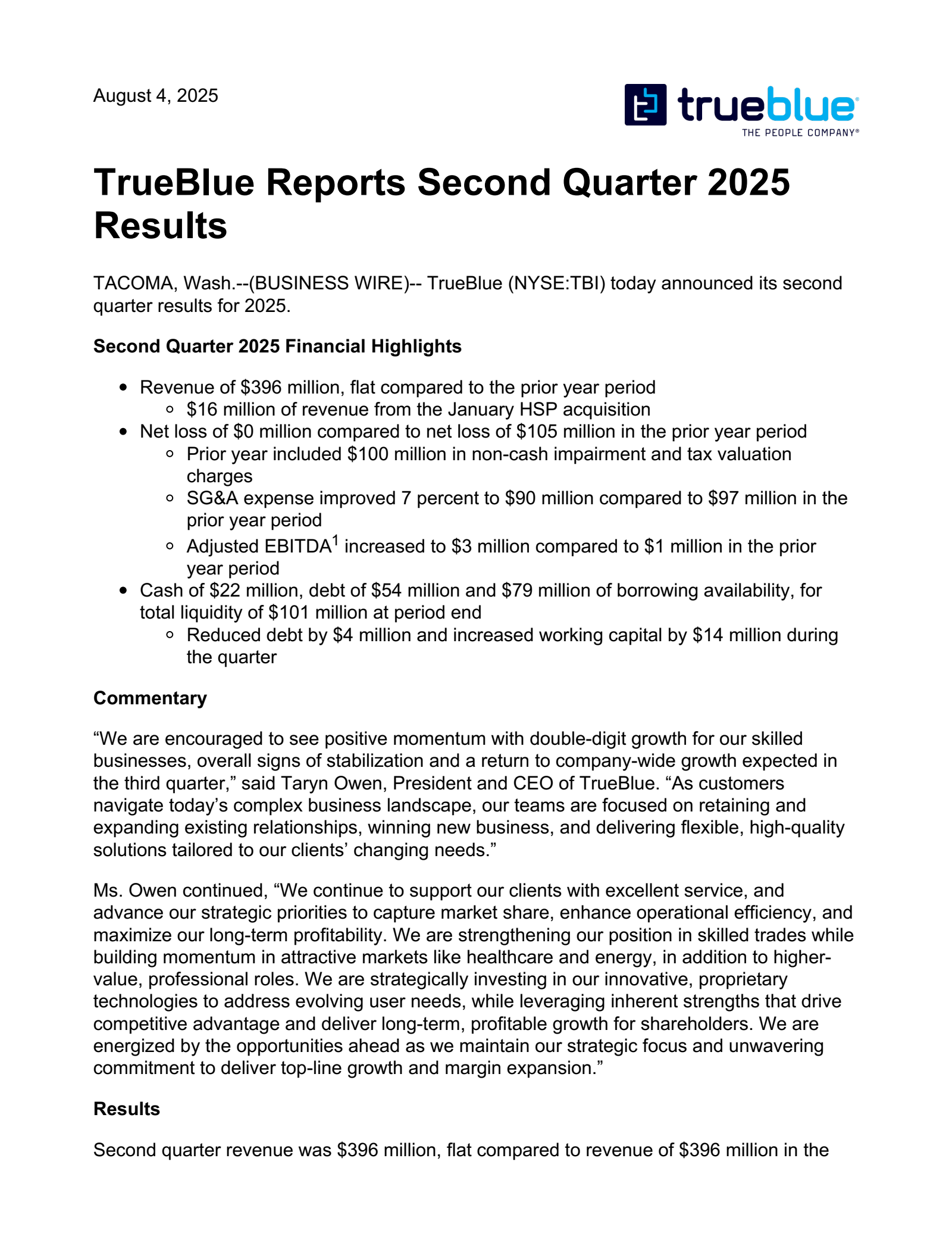 TrueBlue's Q2 2025 Press Release